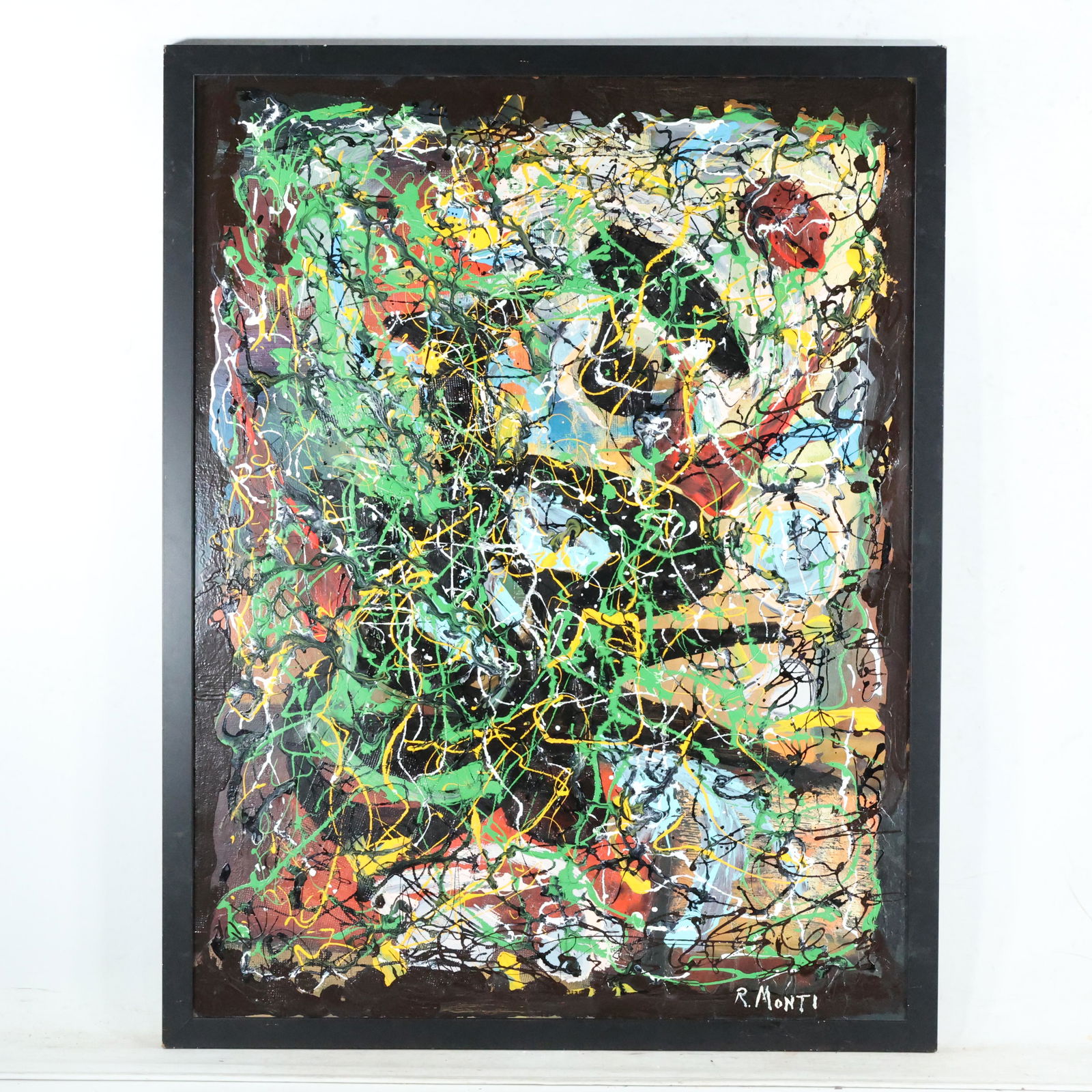 Rocco Monticolo, R Monti, Oil/c Abstract Drip Art: Rocco Monticolo, R Monti, Oil/c Abstract Drip Art. Oil on canvas painting. Signed. Framed. Well listed American Artist. size: 46.5 x 35.5, 49 x 38 outside of frame. ASKart: Rocco Monticolo is a popula