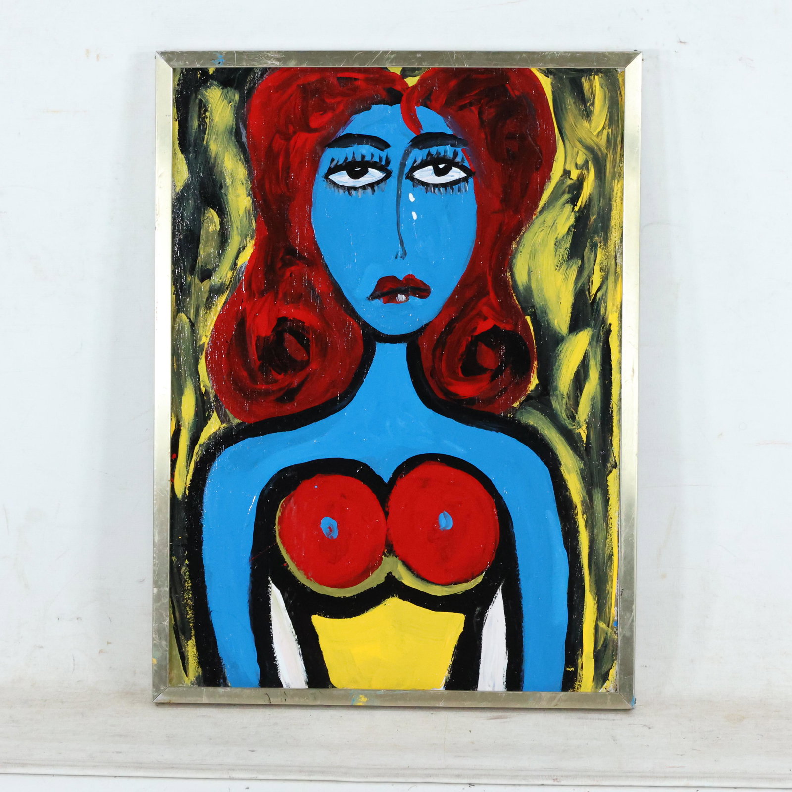Thomas Pulgini, American, Oil/b Blue Woman Red Boobs: Thomas Pulgini, American, Oil/b Blue Woman Red Boobs. Oil on board painting, Signed on verso, Framed. Well listed American Artist. size: 20 x 14.5, 21 x 15.5 outside of frame. ASKart: Thomas Pulgini (