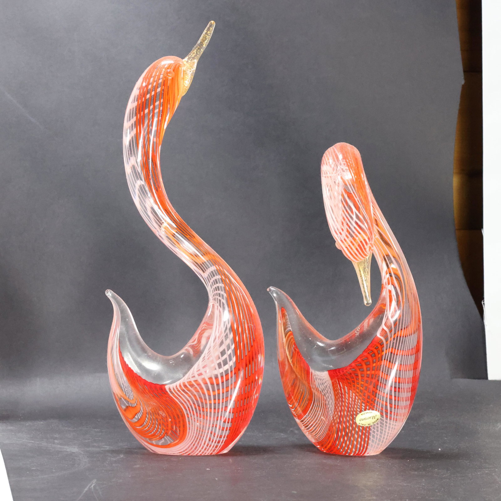 2 Murano Art Glass Swans Internal Orange White Lattice (1 of 10)