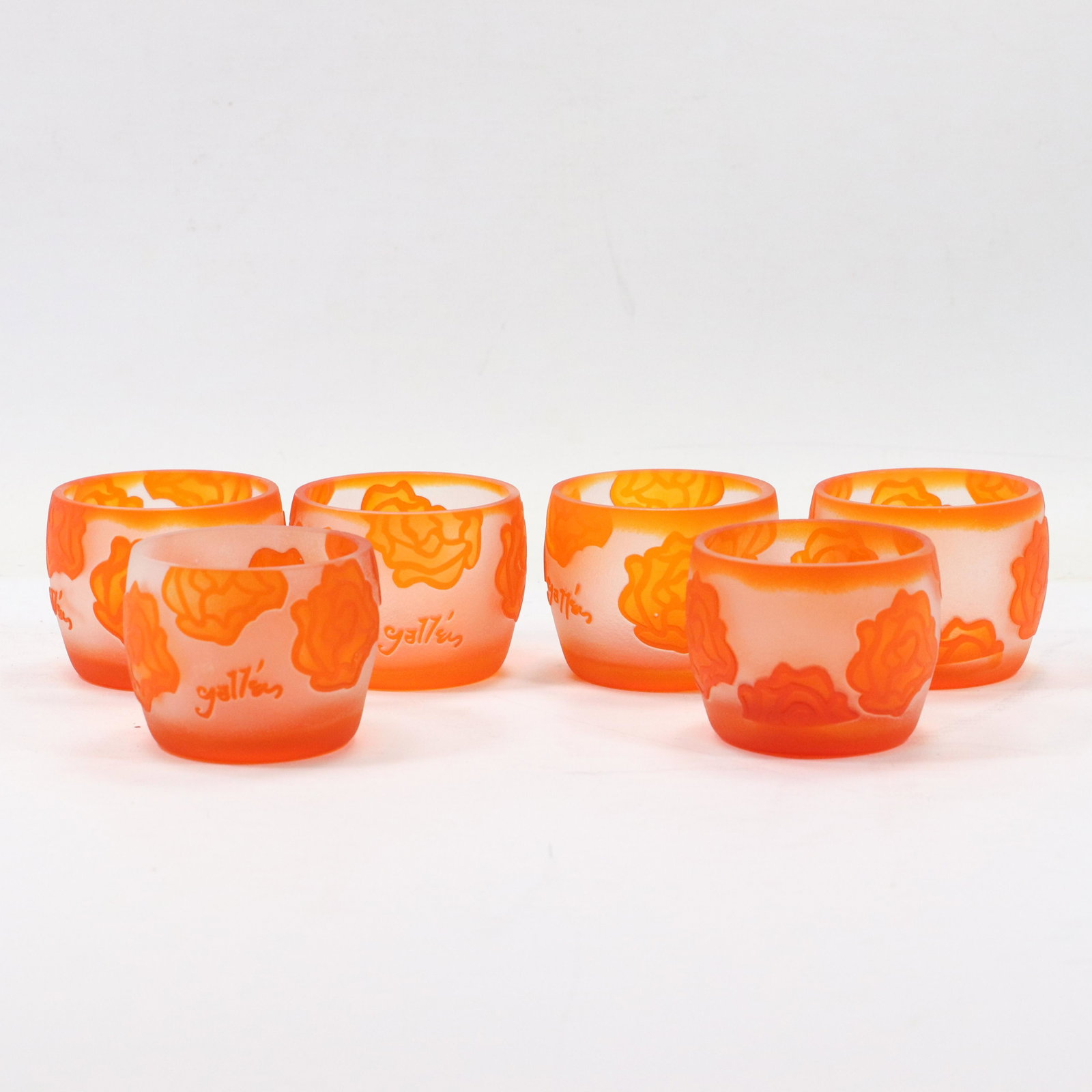 [6] Signed GALLE Orange Cut Cameo Glass Small Cups: [6] Signed GALLE Orange Cut Cameo Glass Small Cups. size: 2h 2.5w