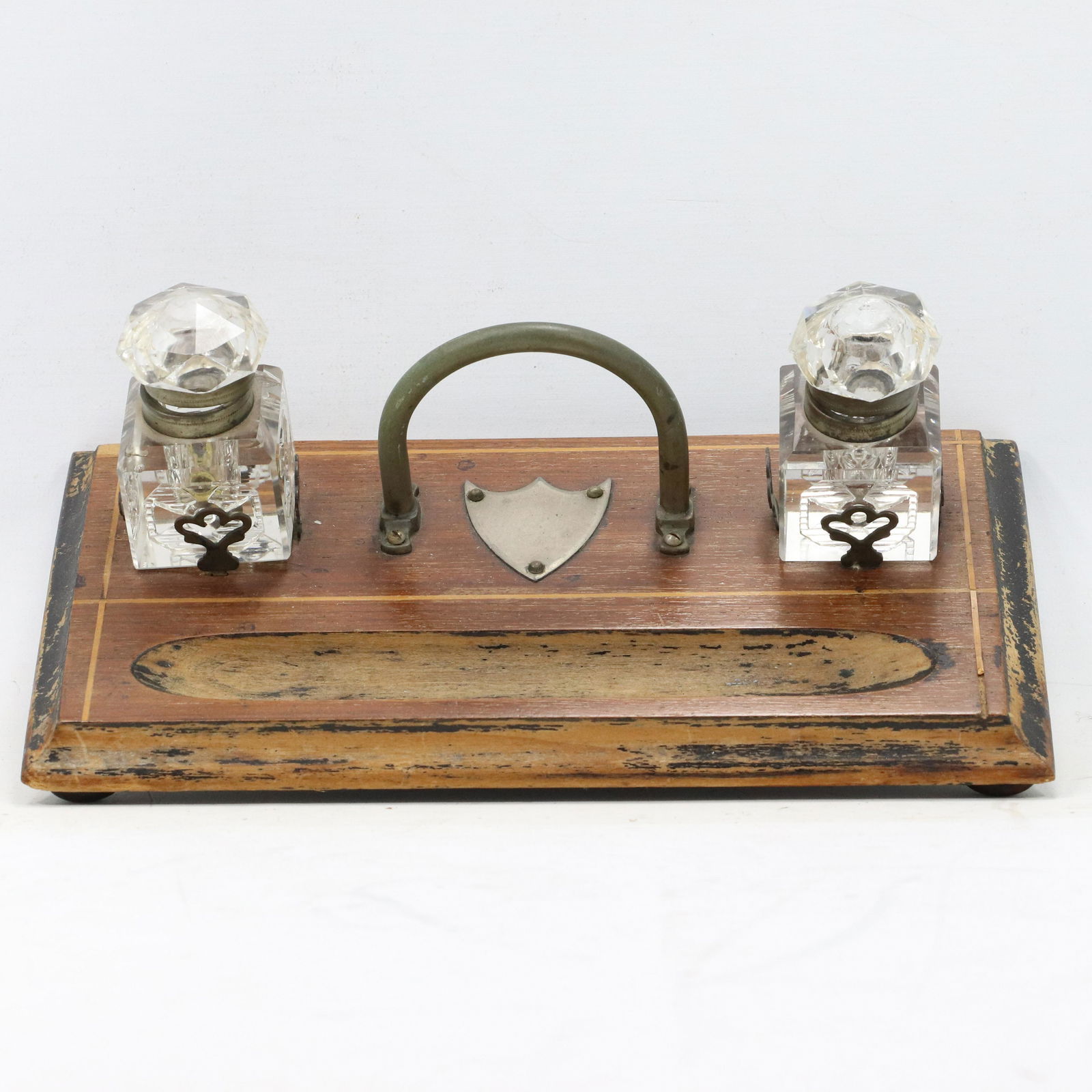 Antique Traveling Desk Top Double Inkwell Brass Handle (1 of 6)
