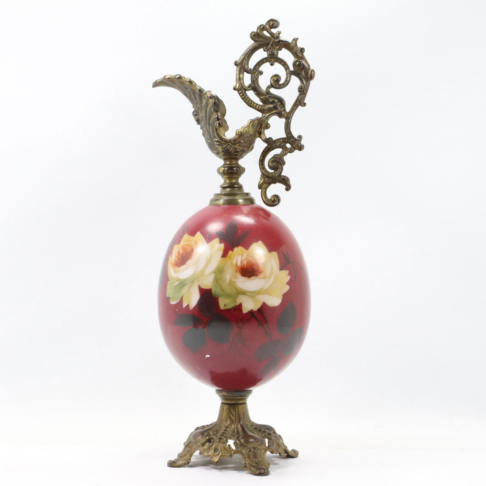 Victorian Ewer Cast Metal, Porcelain Center with Roses (1 of 10)