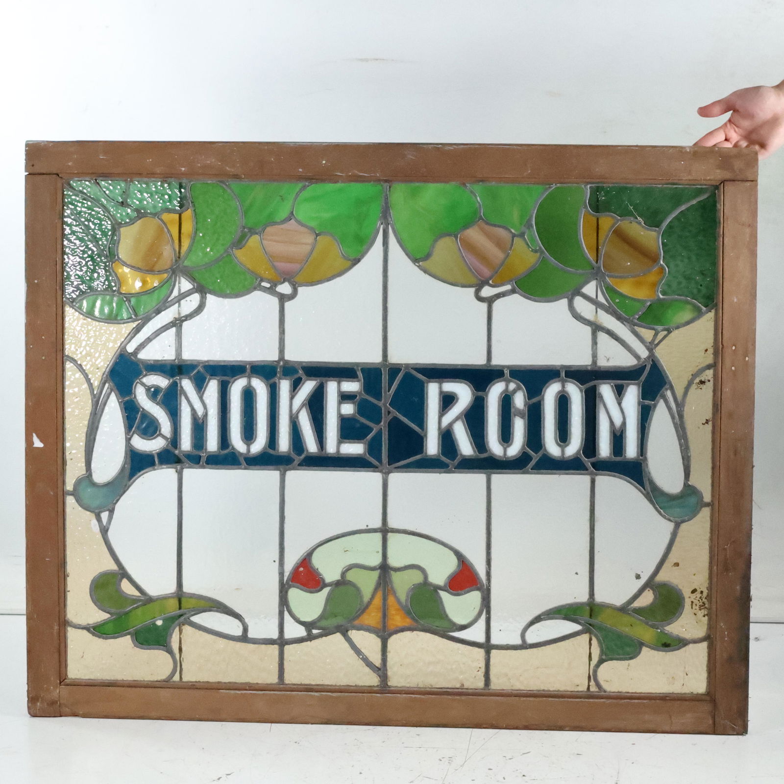 Antique Art Nouveau Leaded Glass Window "SMOKE ROOM": Antique Art Nouveau Leaded Glass Window "SMOKE ROOM". Wonderful Stain Glass Leaded Art Nouveau Flowers around the board. Original wood frame. No breaks, the glass is all good. size: 34.5 inches x 43 i