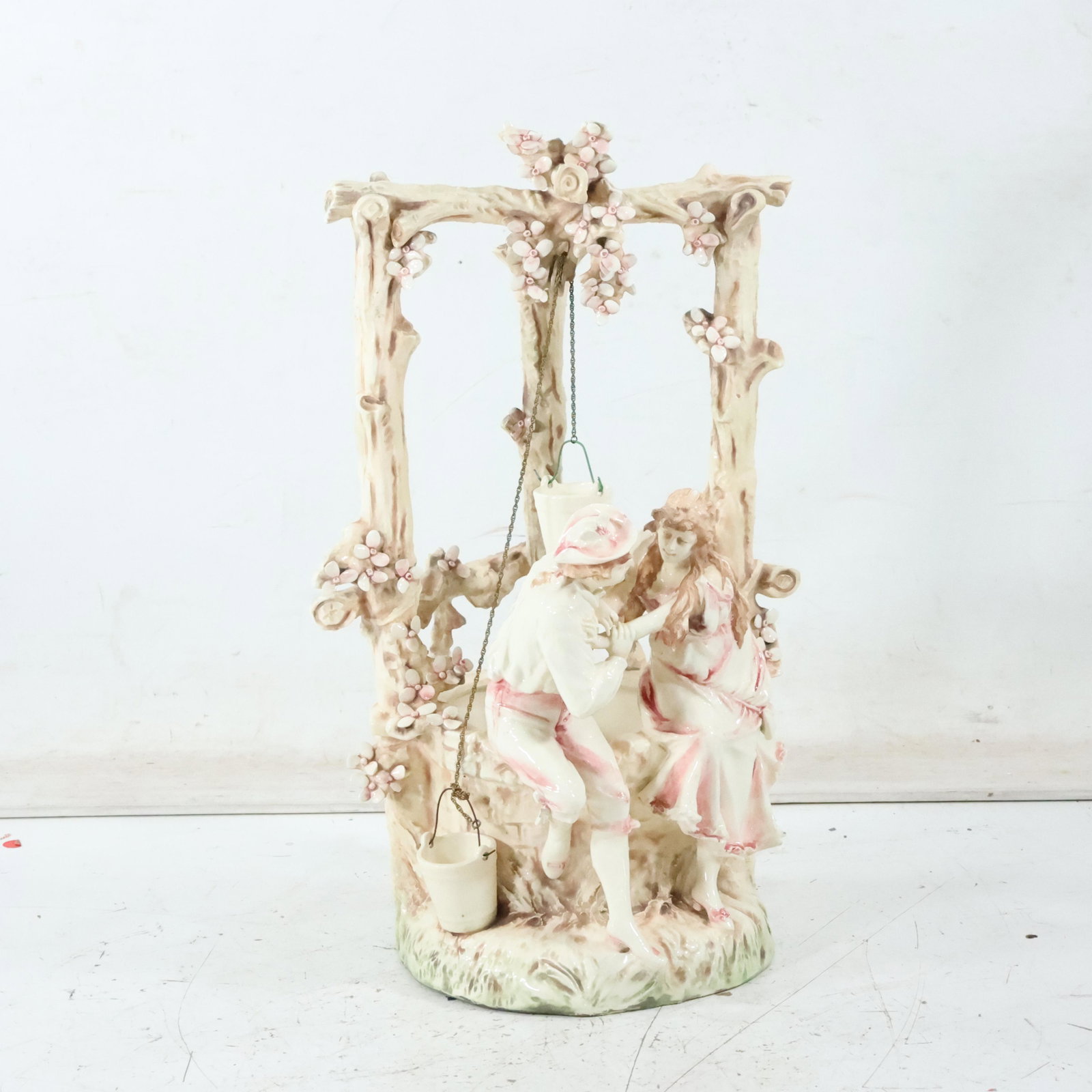 Monumental Italian Capodimonte Ceramic Wishing Well: Monumental Italian Capodimonte Ceramic Wishing Well with Figures. Great quality. Note: does show a crack inside well base. size: 24 x 14
