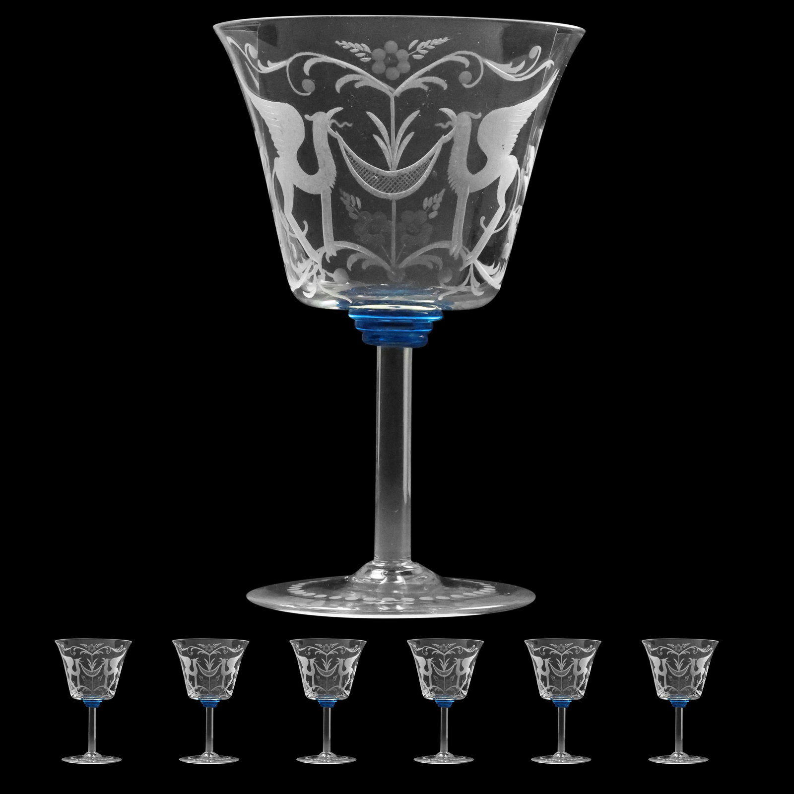 6 Engraved Glass Drinking Goblets Venice Late 19th C. . (1 of 7)