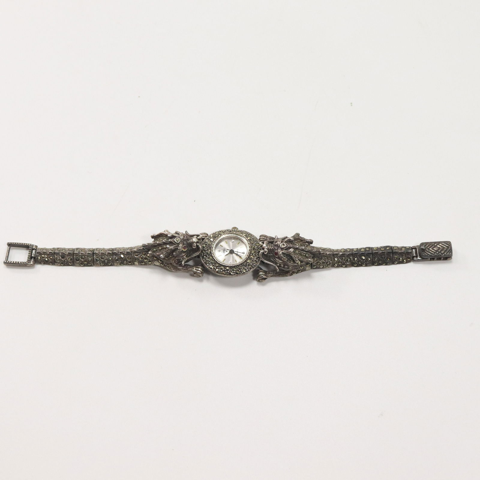 Unique .925 Sterling Dragon Wristwatch Marcasite Rubies (1 of 10)