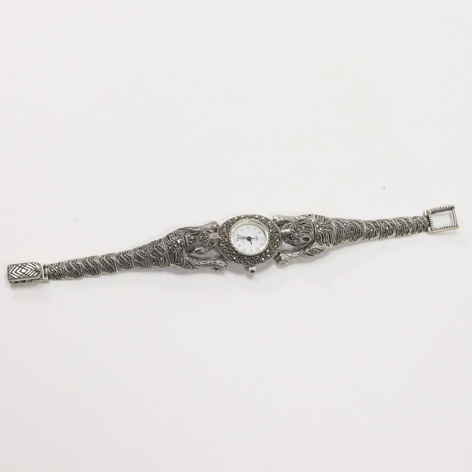 Unique .925 Sterling Tiger Wristwatch Marquisite Rubies (1 of 9)