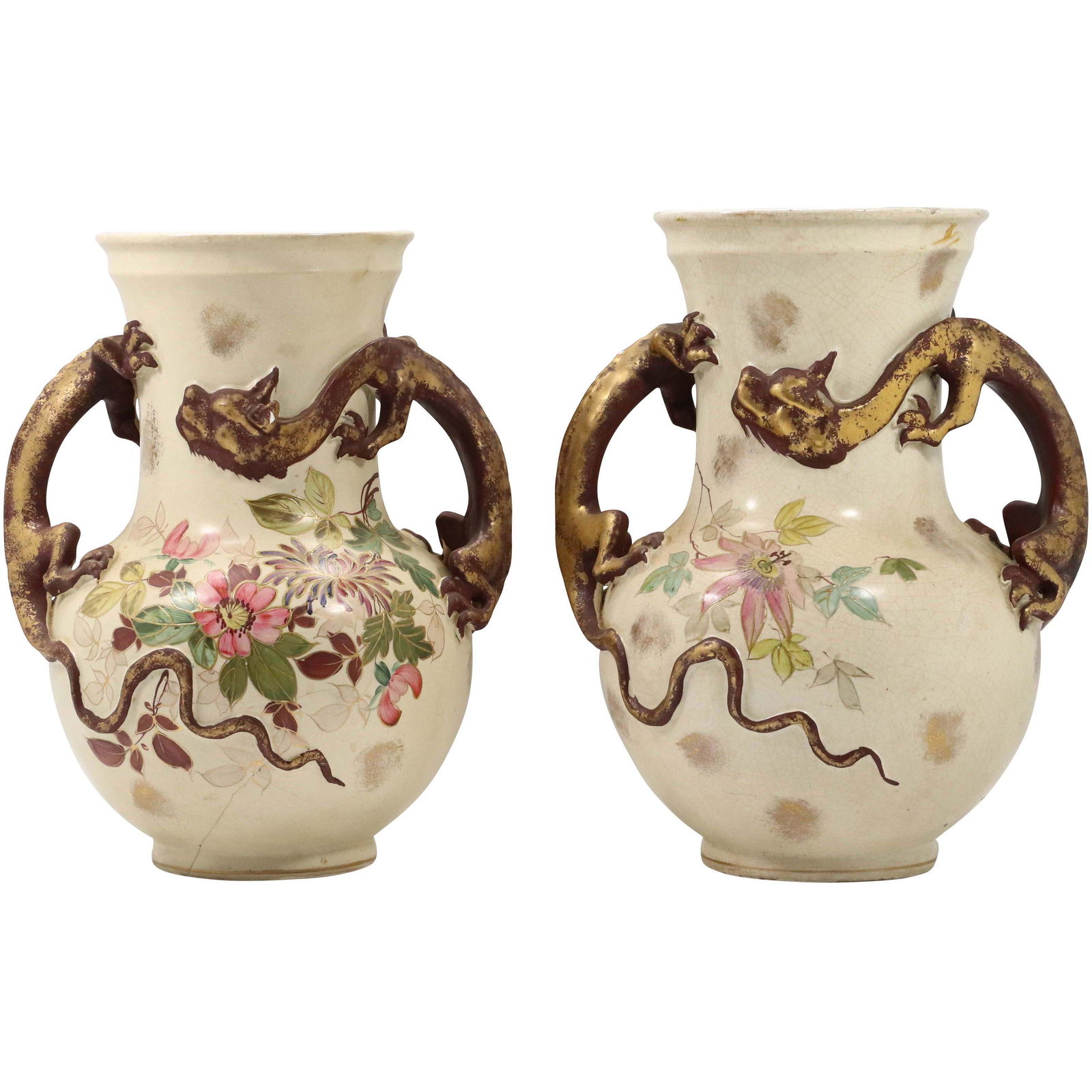 [2] Phoenix Art Faience Vases Floral, Dragon Handles (1 of 14)