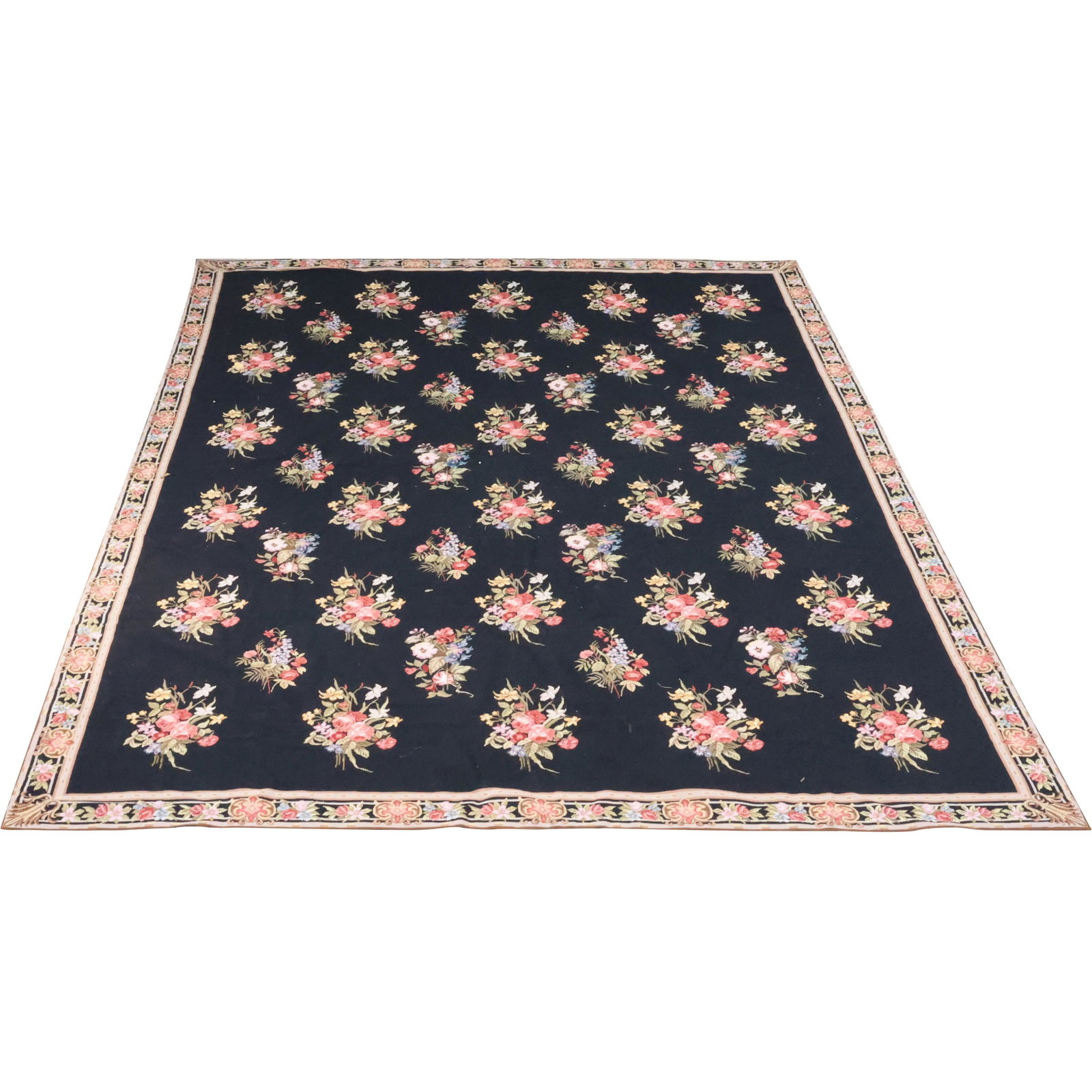 French Aubusson Floral Tapestry Rug Black Background (1 of 12)