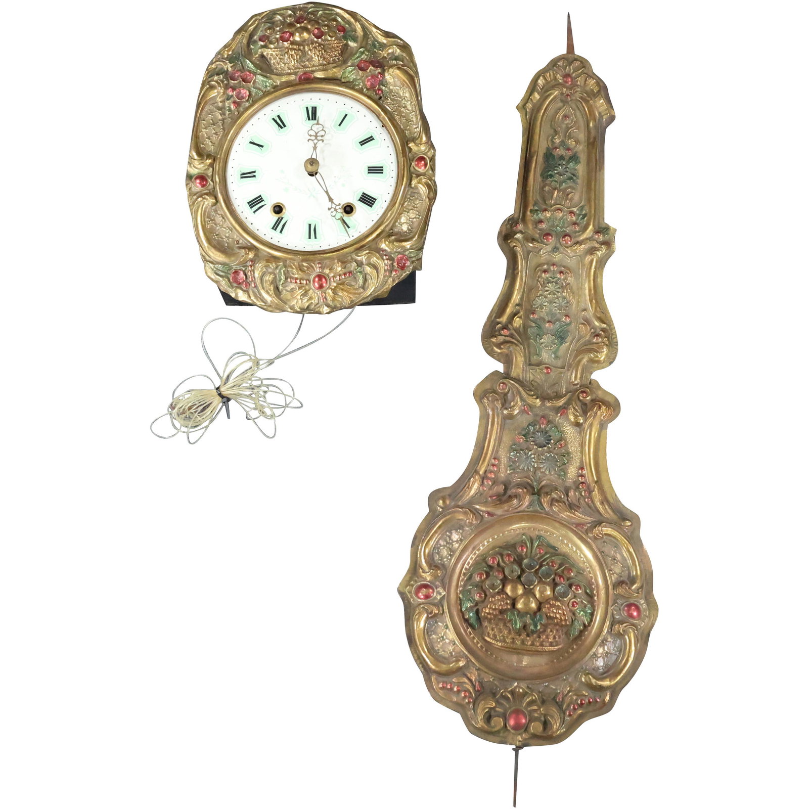 Antique French Brass Swag Wall Clock,  Large Pendulum (1 of 14)