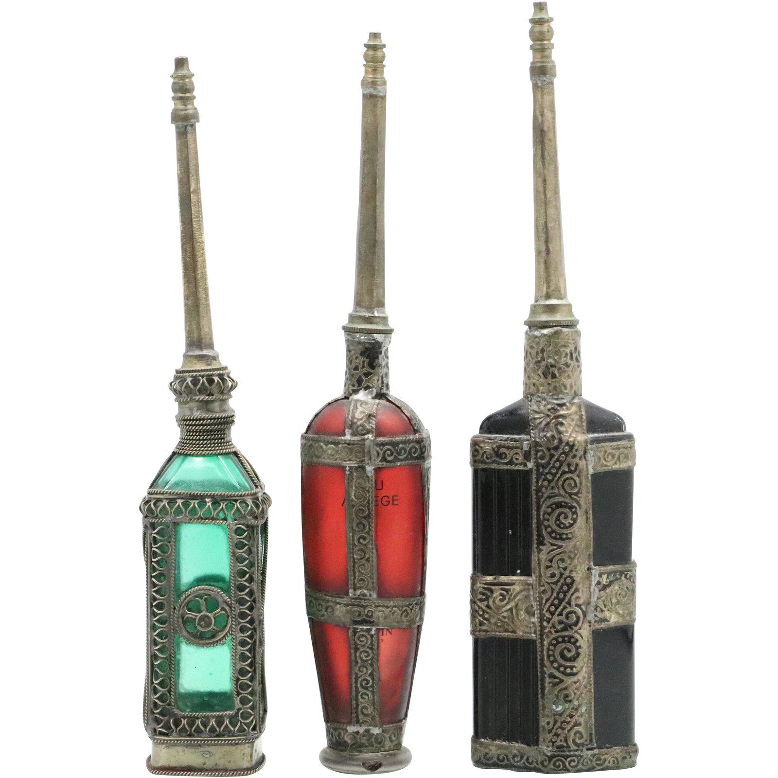 3 Assorted Color Glass Perfume Bottles Metal Encased (1 of 14)