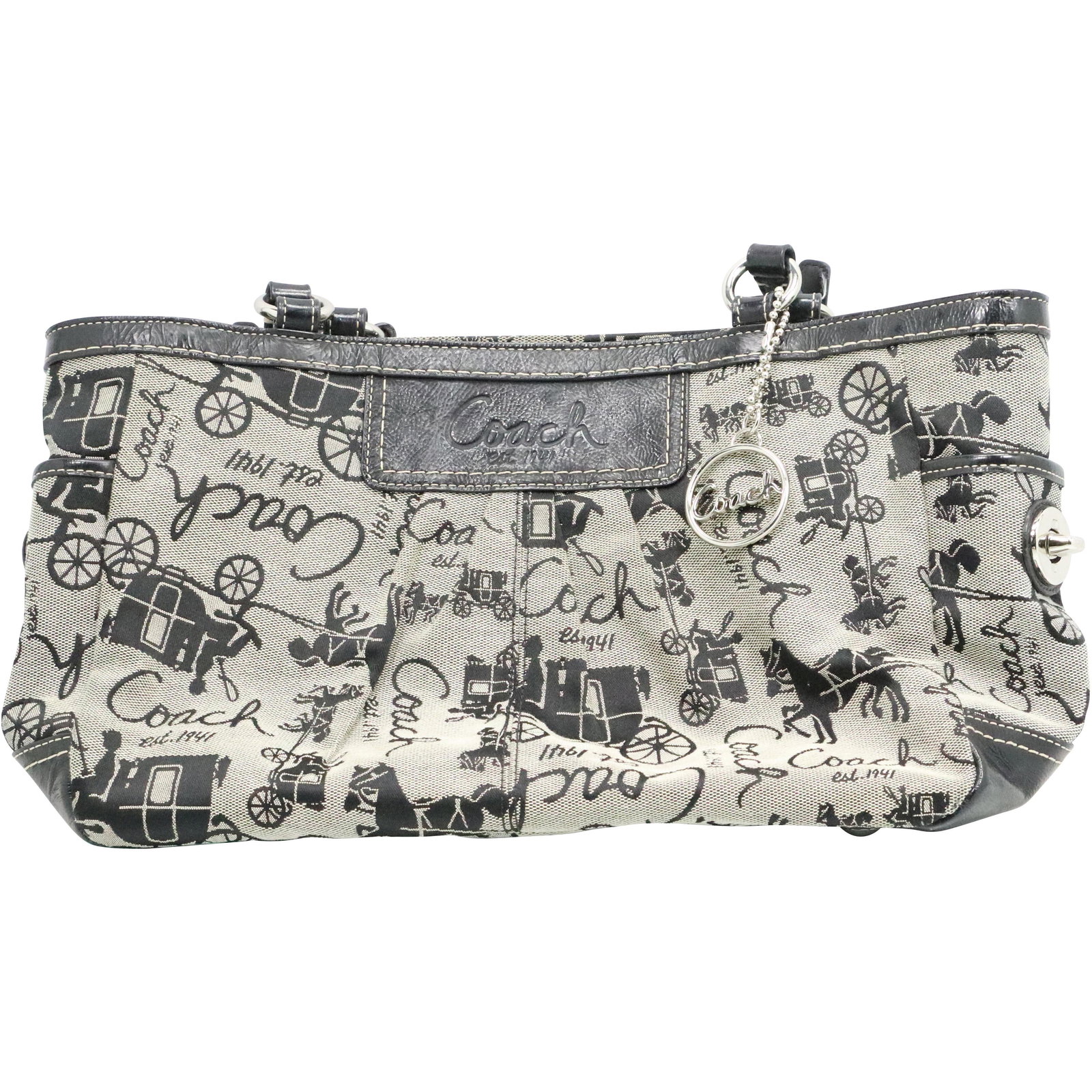 COACH Signature with Carriages Black & Grey Handbag: COACH Signature with Carriages Black & Grey Handbag . Clean. size: 9h 15w