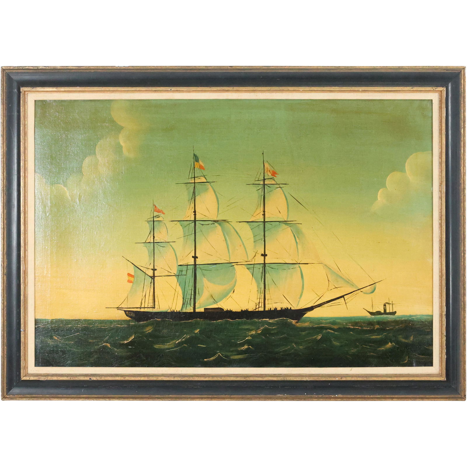 J Foster, 19th C. Oil/c Full Sail Ship Painting Relined (1 of 10)
