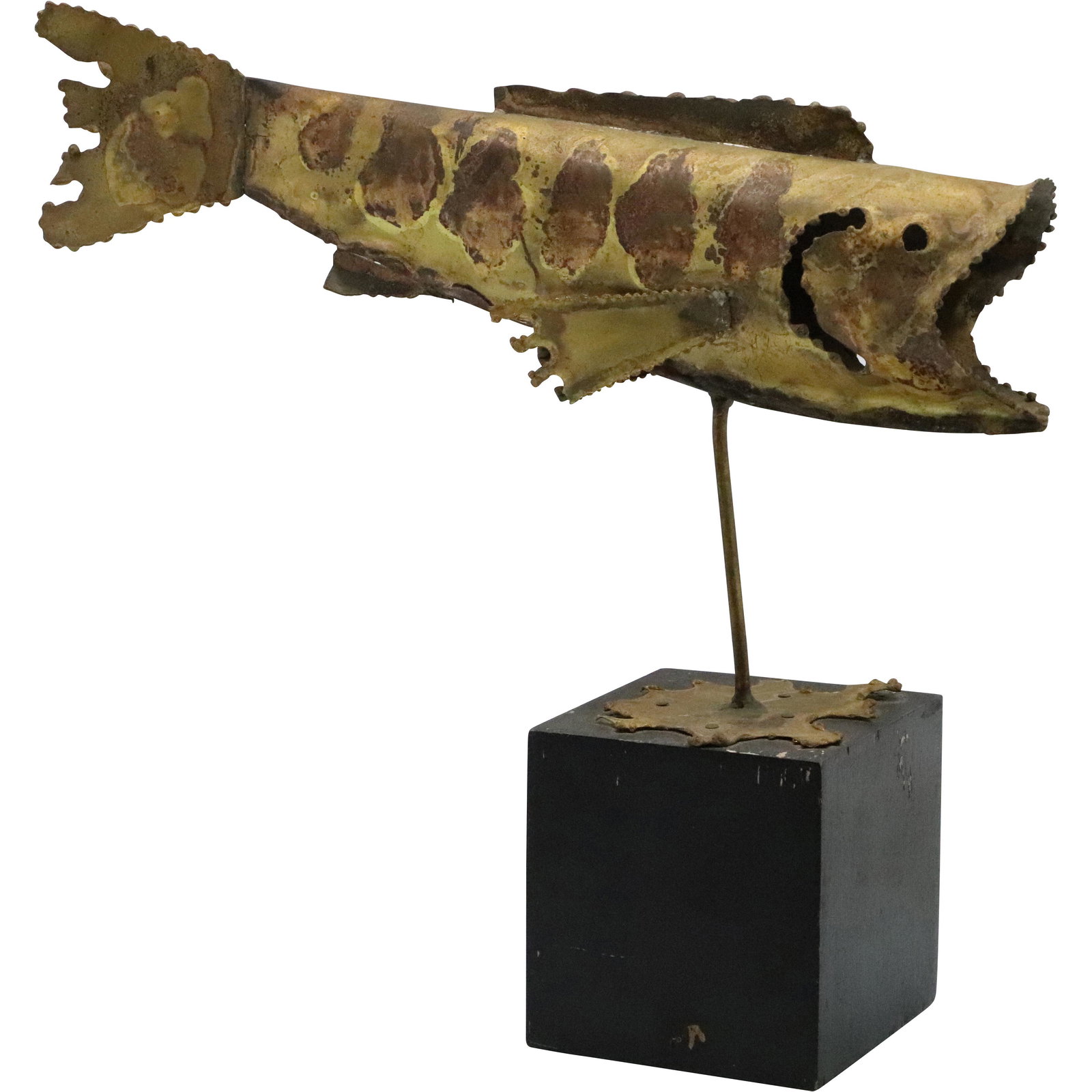 Metal Brutalist Fish Sculpture on Stand Original Patina (1 of 8)