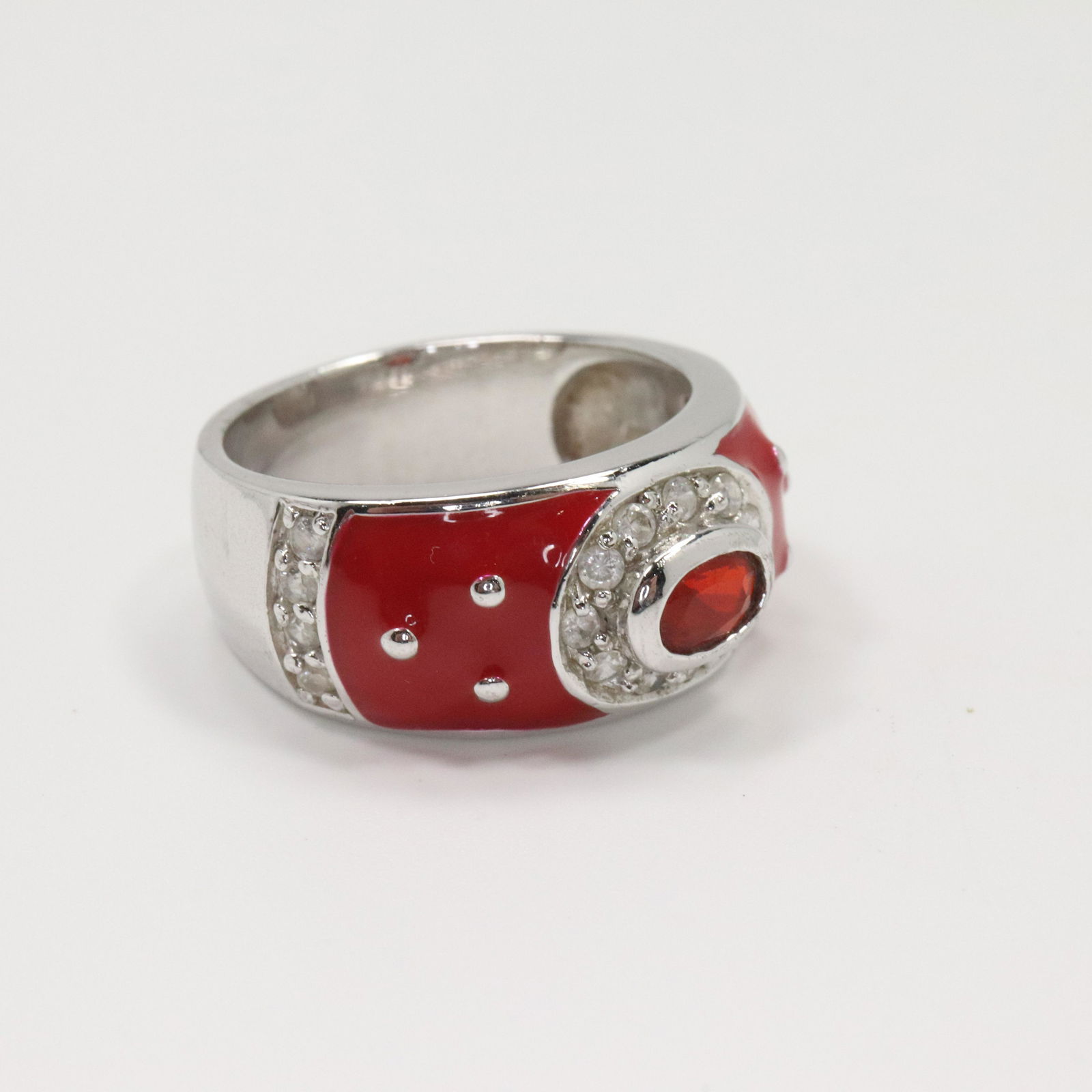 .925 Sterling Silver Red Enamel, Garnet, CZs Ring (1 of 5)