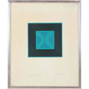 Carlos Davila, Mid-Century Modern Etching Green-Blue: Carlos Davila, Mid-Century Modern Etching Green-Blue #19/250 ; Pencil signed. Gallery label on verso. Original framing. size: 16.5 x 13.5, 17.5 x 14.5 outside of frame