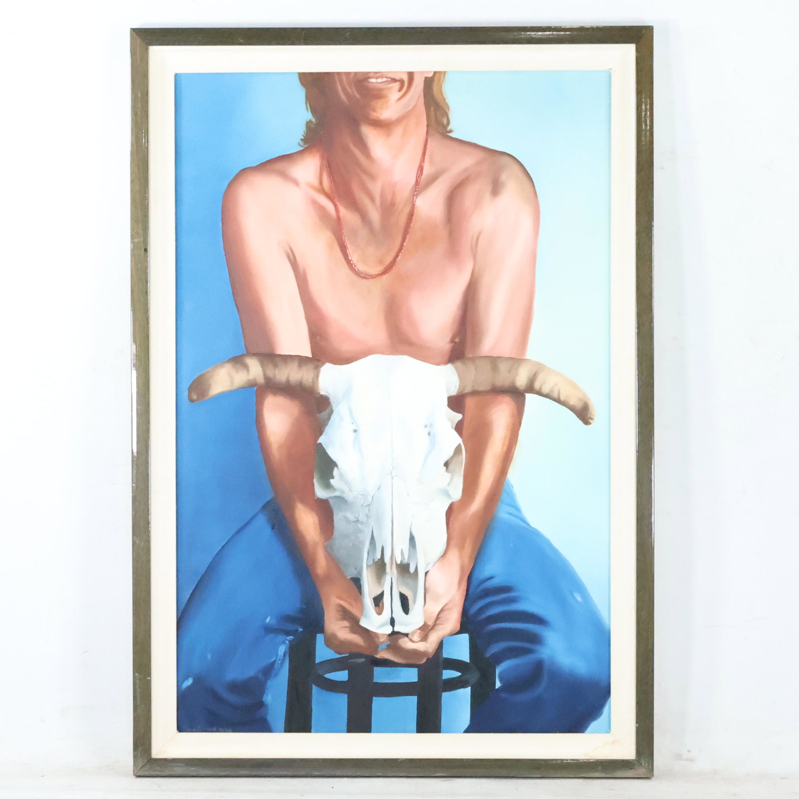 Oil Painting Shirtless Buffed Male Holding Steer Skull: Oil Painting Shirtless Buffed Male Holding Steer Skull. Framed. Nice quality oil on canvas painting. size: 36 x 24, 40 x 28 outside of frame