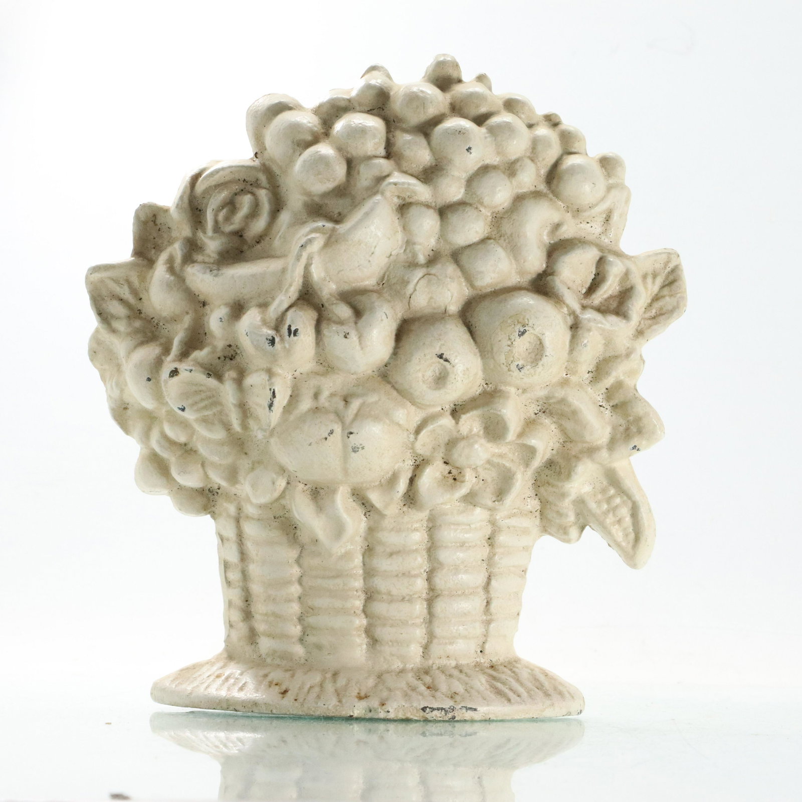 Cast Iron Doorstop Basket Full of Fruit and Flowers: Cast Iron Doorstop Basket Full of Fruit and Flowers, Original white paint finish. 10.5 h , 9 x 4