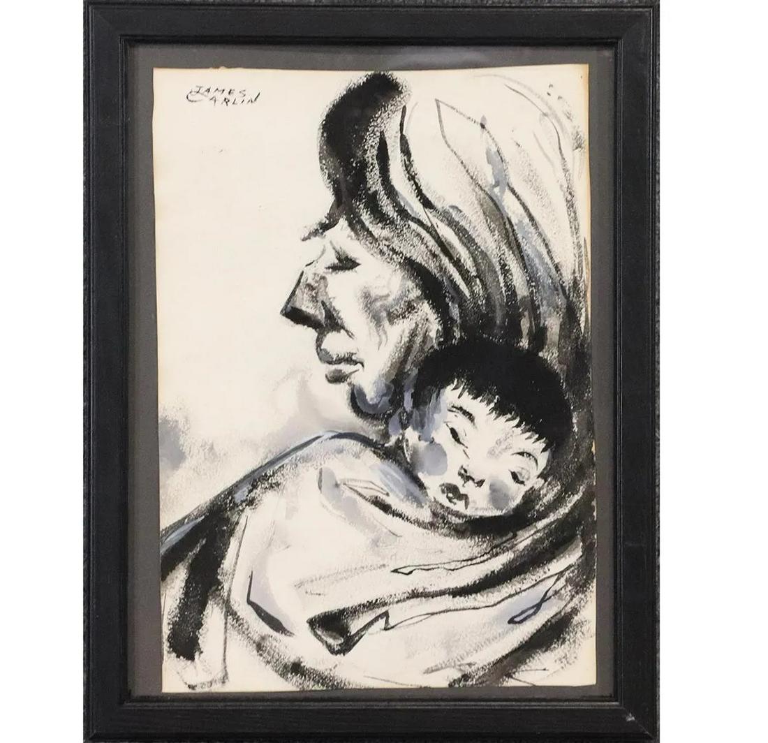 James Carlin, Listed NJ Artist, Mother & Child Portrait: James Carlin, Listed NJ Artist, Mother & Child Portrait. Watercolor painting, Signed, Framed. Well listed New Jersey Artist. Size: image 15 in. x 10.5 in., outside frame 18 in. x 14 in. ; ASKart: Jam