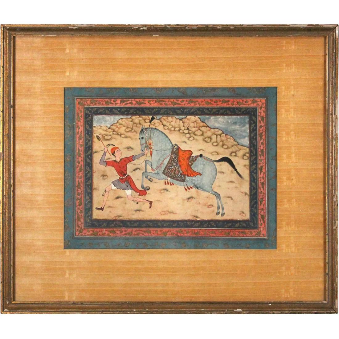 Persian Mughal Court Lithograph Horse Led By Runner: Persian Mughal Court Color Lithograph Horse Led By Runner. Framed. Information on verso. Size: 9x13 inside matting, 16x9 outside of image, 18x21 frame size