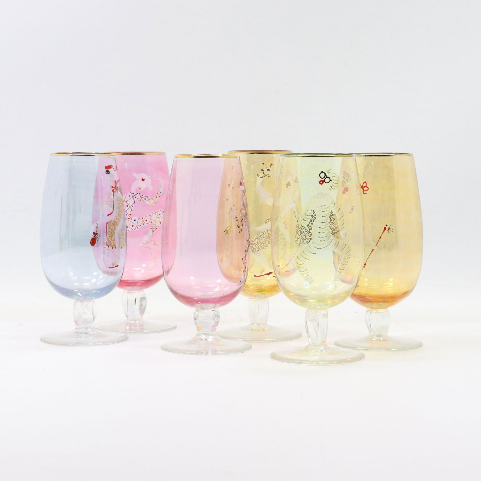 6 Colored Glass Stem Goblets Dancing Harlequin Figures (1 of 7)