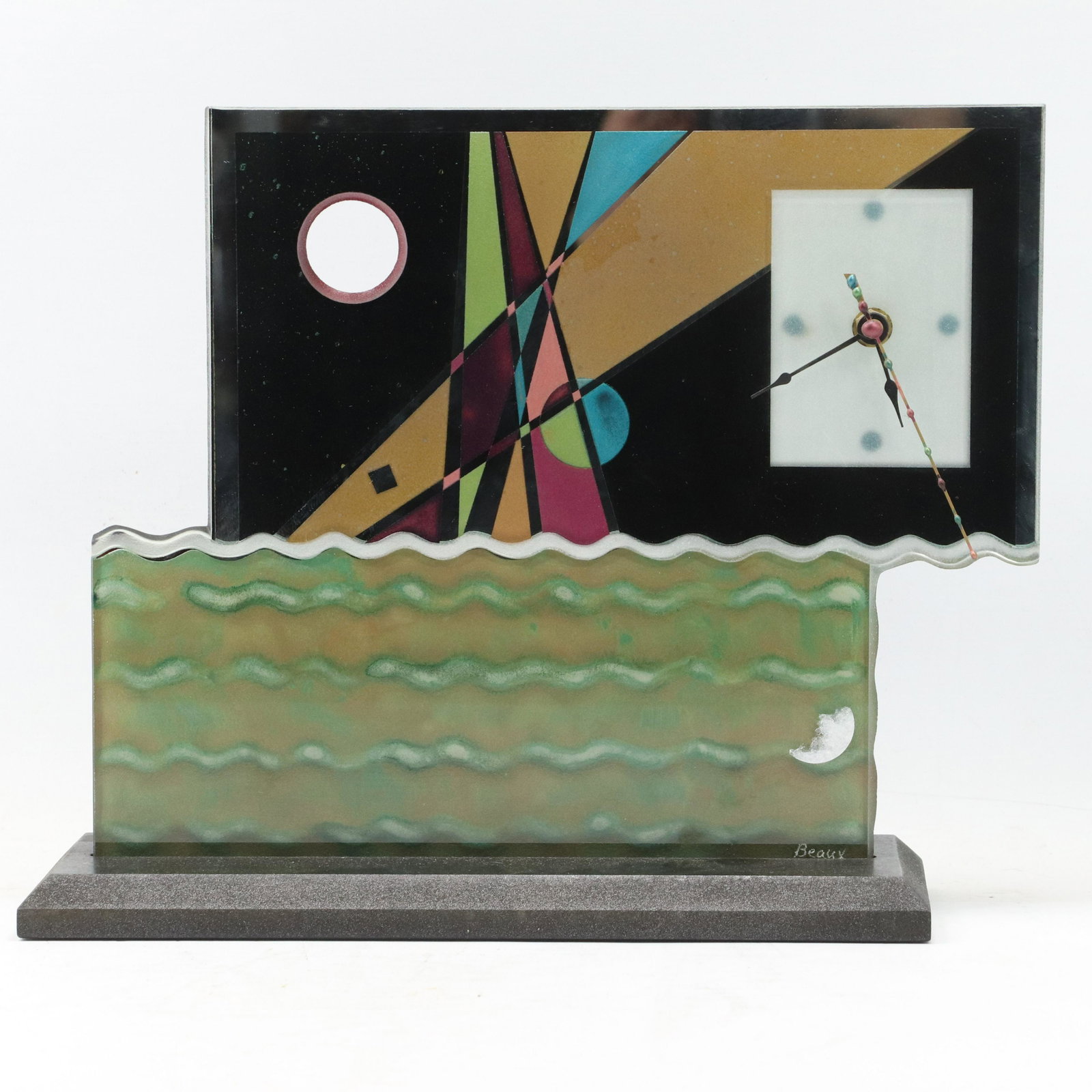 Beaux 20th C. Memphis Abstract Geometric Mantle Clock: Beaux 20th C. Abstract Geometric Mantle Clock. Memphis Style. size: 10.5h 13w