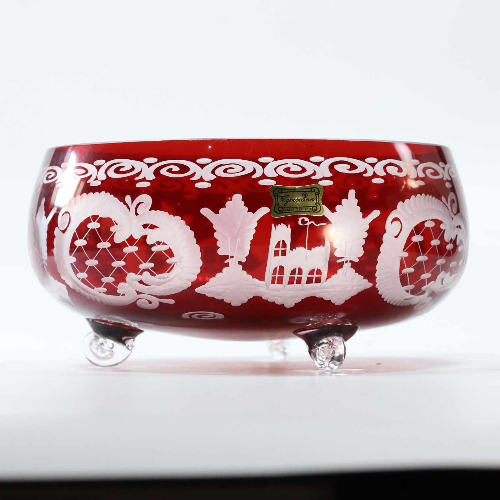 Egerman Czech Republic Bohemian Red Etched Glass Bowl (1 of 13)