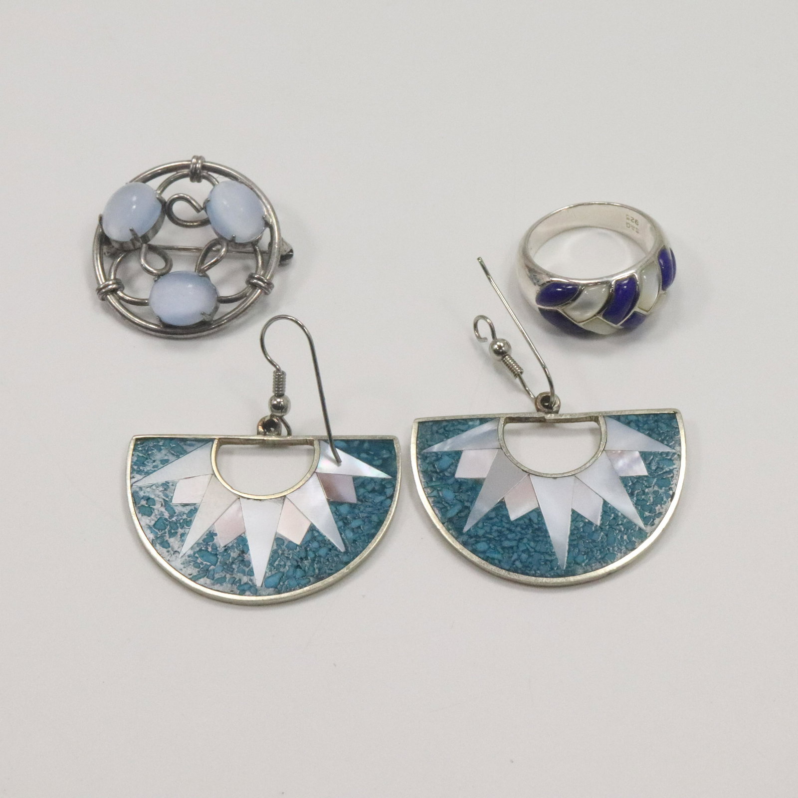 .925 Sterling Turquoise MOP Earrings, Mood Brooch, Ring (1 of 13)
