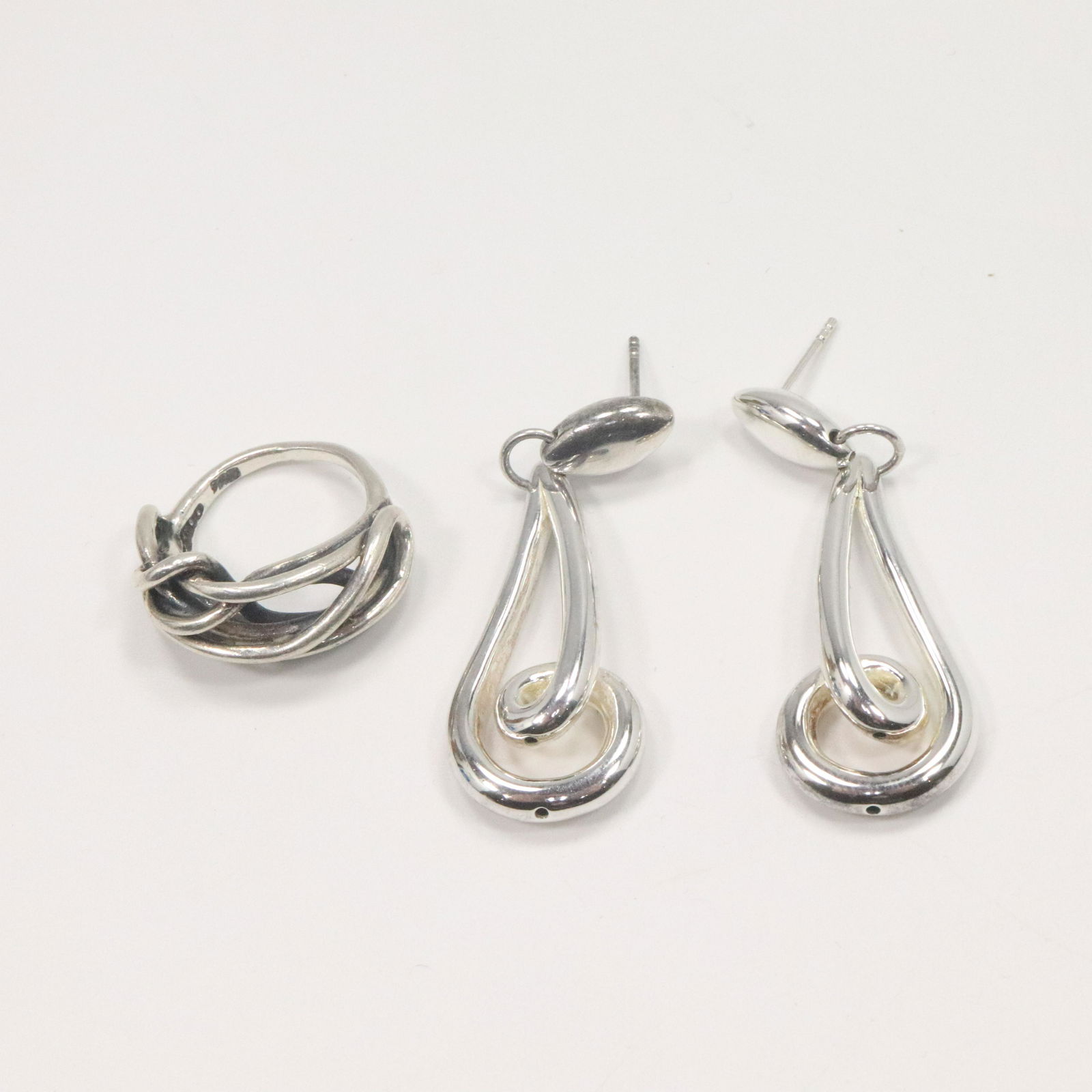 .925 Sterling Silver Swirl Drop Earrings &  Knot Ring (1 of 7)