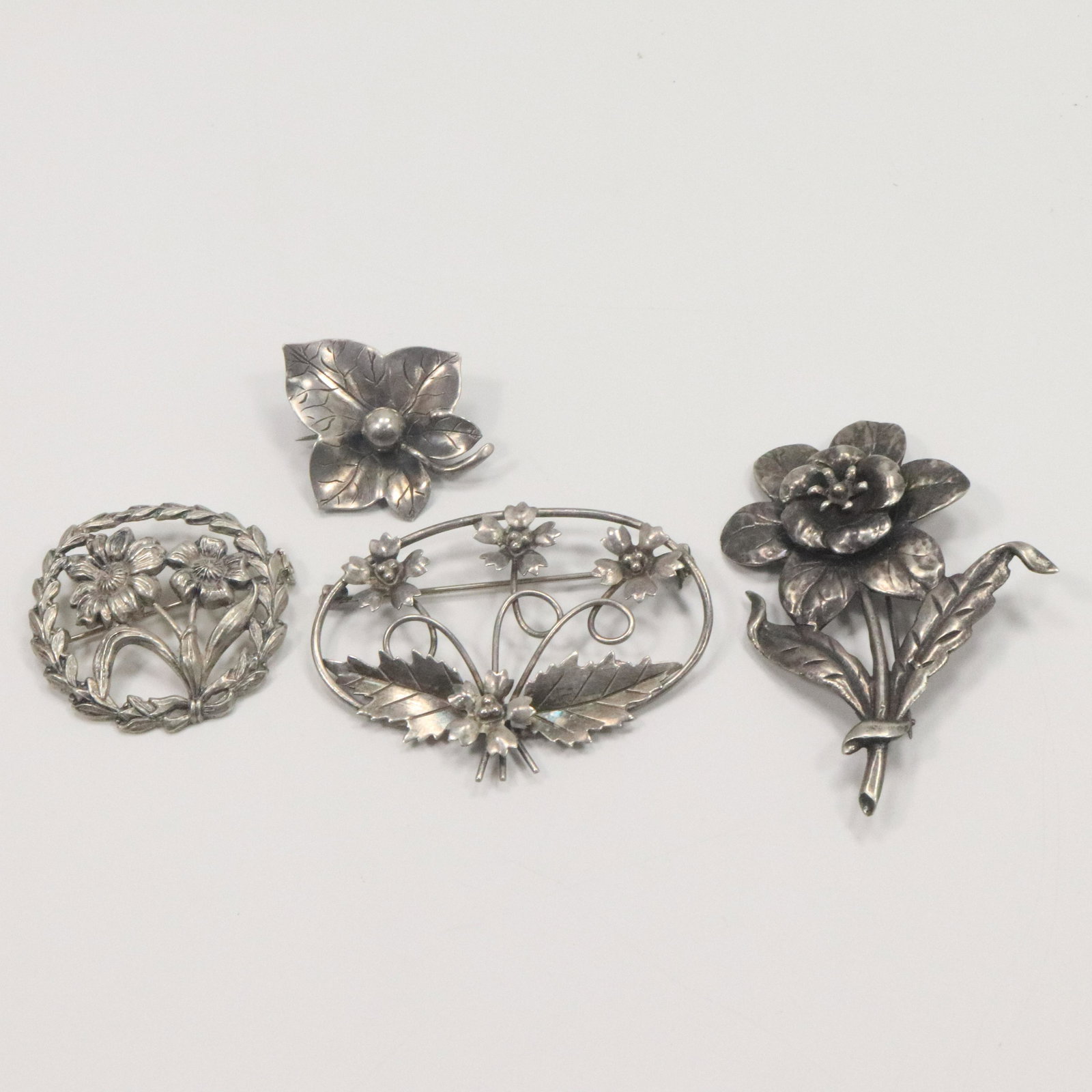 4 Assorted Sterling Silver Brooches All Floral, Flowers (1 of 12)