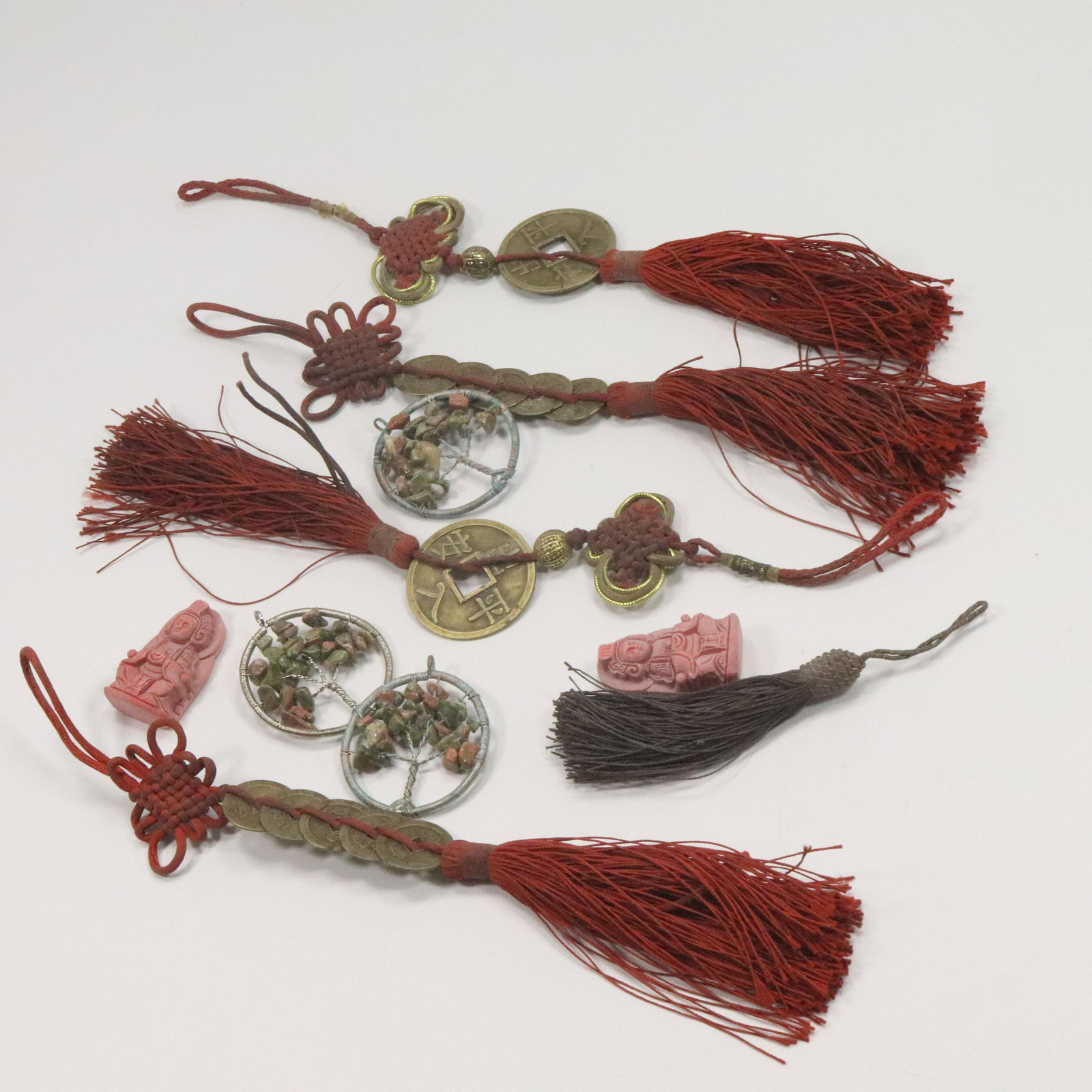 Oriental Medallions [3]; Tassels [4], Red Statue Bead 2: Oriental Medallions [3] 1 7/8 in. ; Tassels [4]11 in. x 1 in. , Red Statue Bead [2] 1 3/4 in. x 7/8 in. .