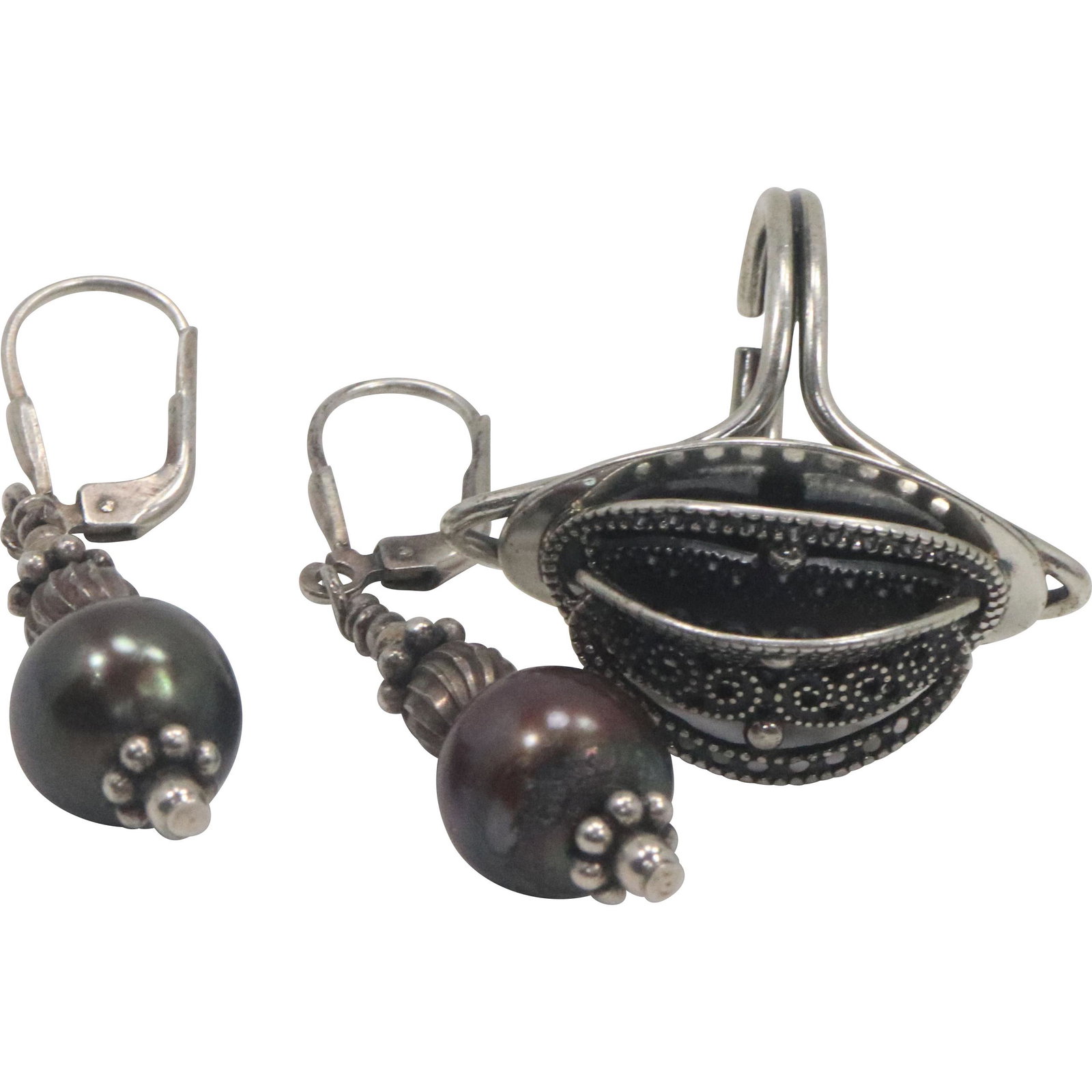 .925 Sterling Tahitian Pearl Earrings & Sterling Ring: .925 Sterling Tahitian Pearl Earrings & Sterling Filigree Ring Size 6 adjustable. 1 1/4 in. x 3/4 in; Earrings marked .925, size 1 3/4 in. x 3/8 in.
