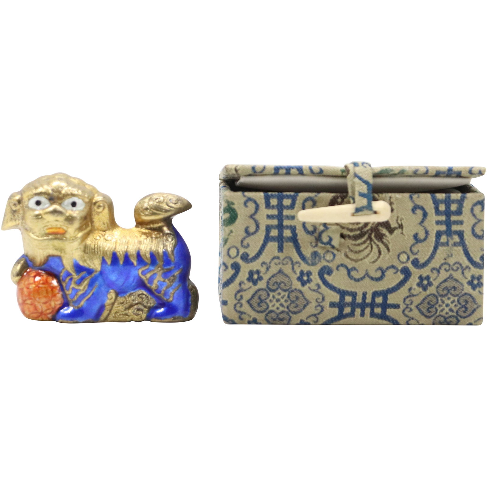 Chinese Buddhist Lion Brass Figure with Enameling: Chinese Buddhist Lion Brass Figure with Enameling in box. size: 2.5x1.5/8 box 3x2.1/4x1.5/8