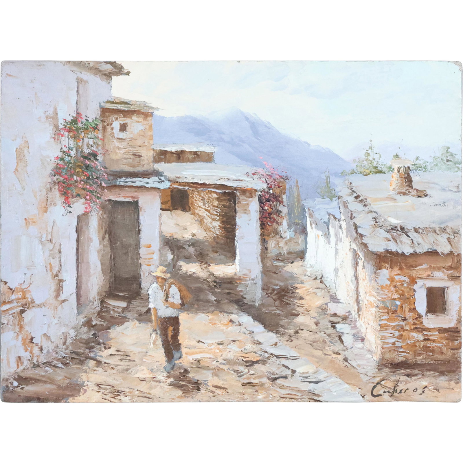 Manuel Cuberos, b.1933 Spain, Figure Walking at Village: Manuel Cuberos, b.1933 Spain, Figure Walking at Village. Oil on Canvas Original Painting by Manuel Cuberos [born 1933 Spain]. Signed. size: 12 x 16