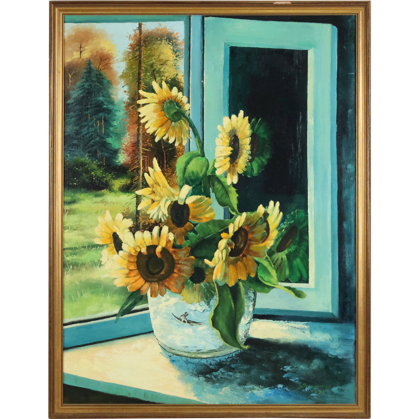 W Jurkiewicz 1973, Polish, Oil/c Sunflowers in Window: W Jurkiewicz 1973, Polish, Oil/c Sunflowers in Window. Oil on canvas painting, Signed and dated, Framed. size: 32 x 24, 34 x 26 outside of frame