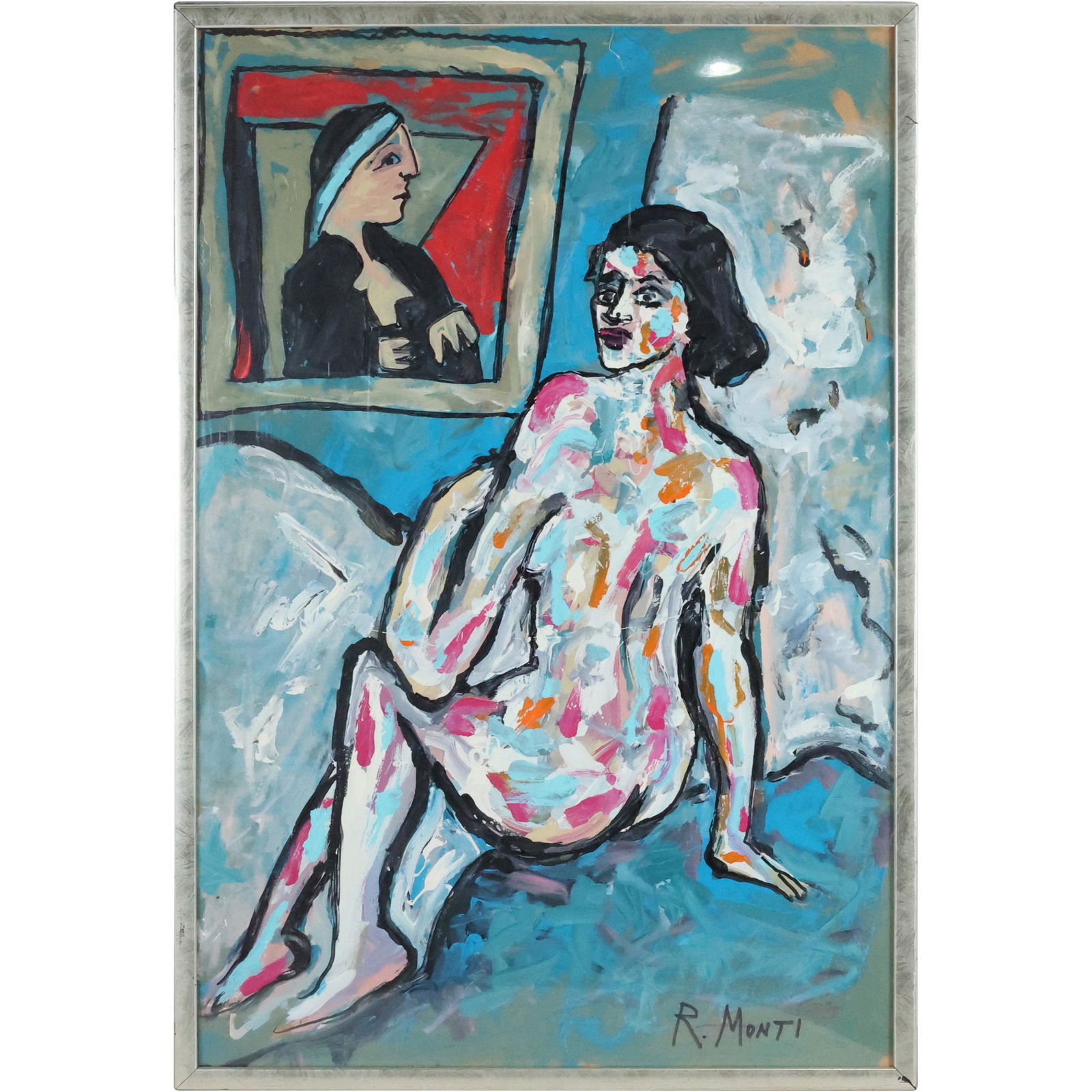 Rocco Monticolo, R Monti, Oil/c, Abstract Seated Nude: Rocco Monticolo, R Monti, Oil/c, Abstract Seated Nude woman. Oil on canvas painting, Signed, Framed. Well Listed American Artist. size: 35.5 x 23.5 matte, 37 x 25 outside of frame. ASKart: Rocco Monti