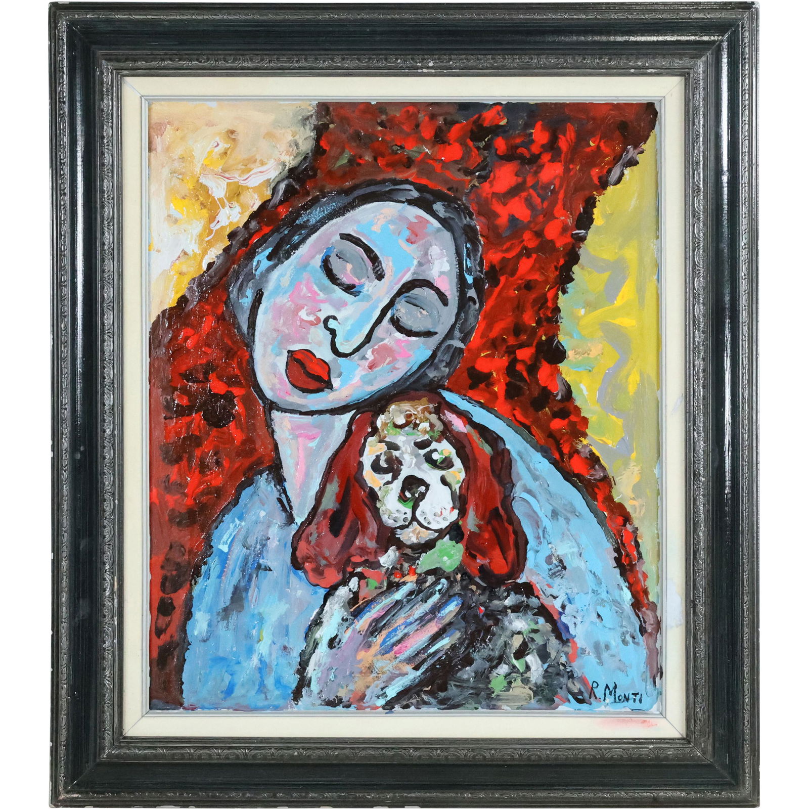 Rocco Monticolo, R Monti, Oil/c Woman Holding Dog: Rocco Monticolo, R Monti, Oil/c Woman Holding Dog. Abstract. Signed, Oil on canvas painting. A Masterpiece for this Artist. Well Listed American Artist. size: 24 x 20, 31.5 x 27 outside of frame. ASKa