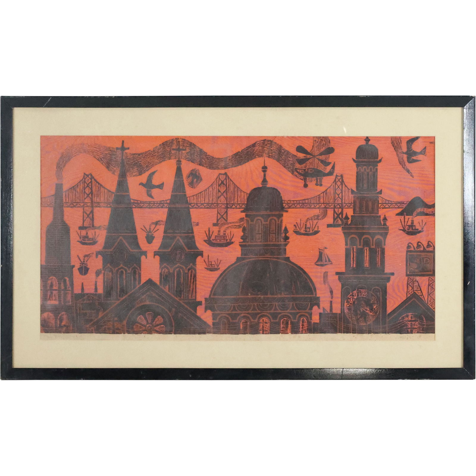 L Gilbert '67 Pencil Signed Cityscape Suspension Bridge (1 of 10)