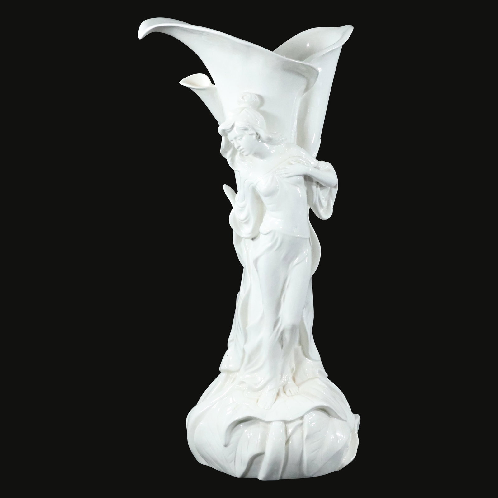 White Italian Porcelain Art Nouveau Woman Flower Vase: White Italian Porcelain Art Nouveau Woman Flower Form Vase. Marked: Made in Italy. Art Nouveau Woman in full relief on vase. size: 25 in. h. x 14 in. w.