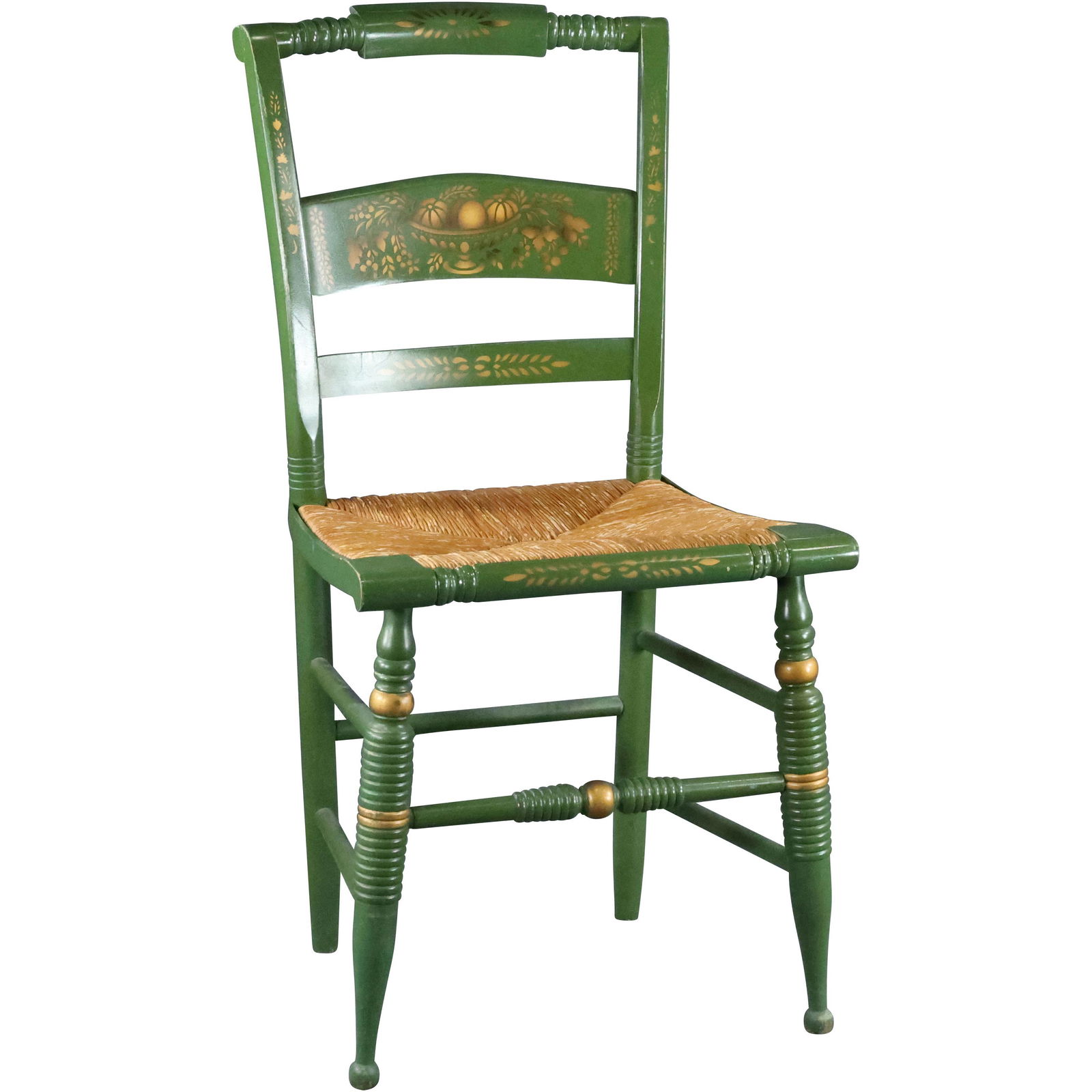 Authentic Hitchcock - Nichols -Stone Green Side Chair: Authentic Hitchcock - Nichols -Stone Green Side Chair, Original green paint finish with natural reed rush seat. Original Hitchcock stenciling. Clean and sturdy. size: 35 x 15.5 x 17