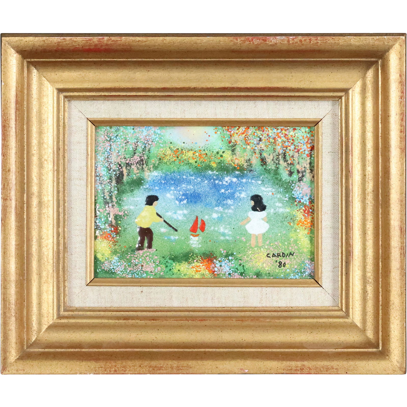 LOUIS CARDIN '80 Enamel on Copper Boy, Girl, Pond Boat: LOUIS CARDIN Painted Enamel on Copper 1980, signature to lower right reads â€˜Cardin 1980â€™, Boy and Girl with Pond Boat. size: 6.5 x 8.5, 10 x 12 outside of frame