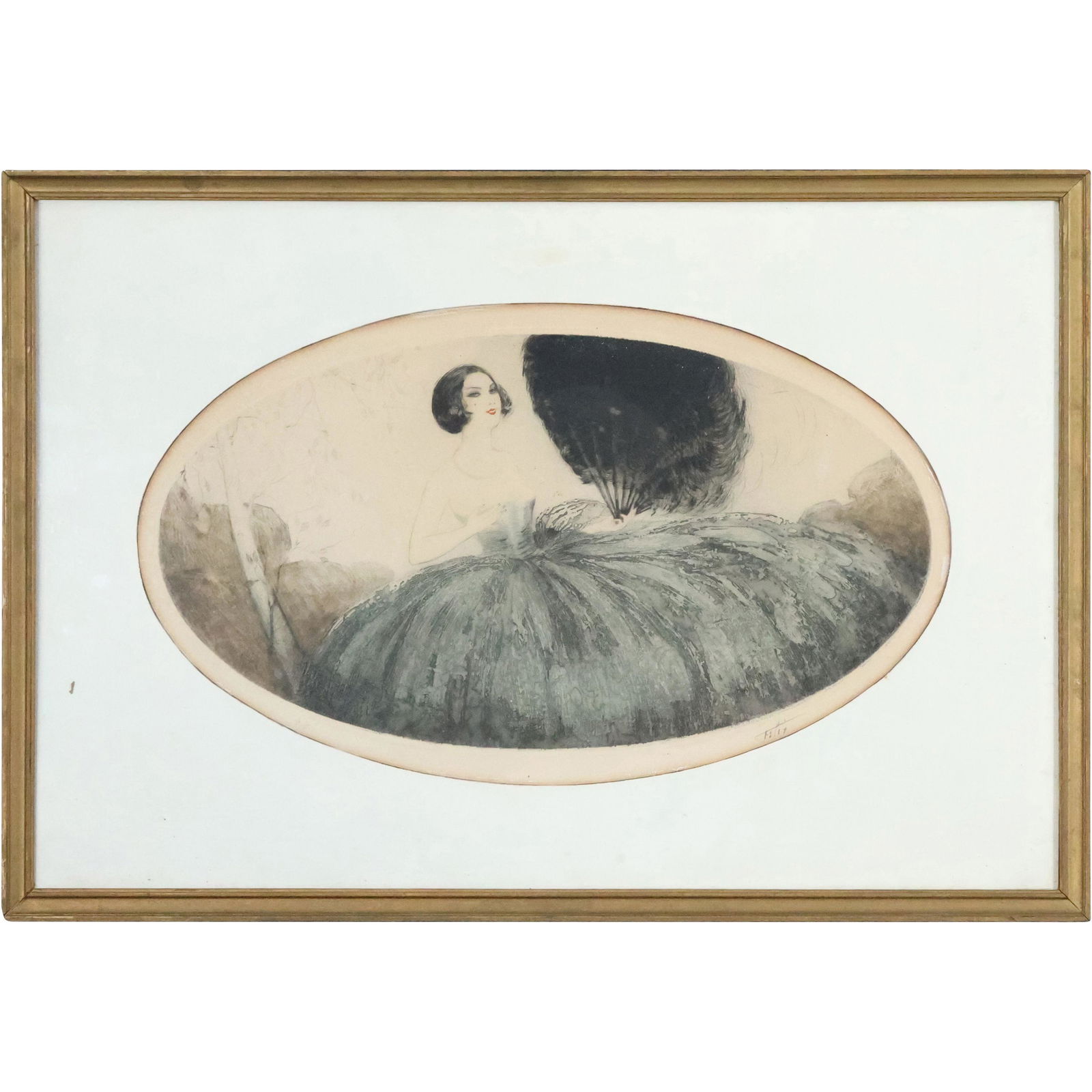 Felix, Circa 1920 Oval Etching Aquatint Art Deco Woman: Felix, Circa 1920 Oval Etching Aquatint Art Deco Woman holding a feather fan. Pencil signed, original framing. size: 10.5 x 18 matte, 16.5 x 24 outside of frame