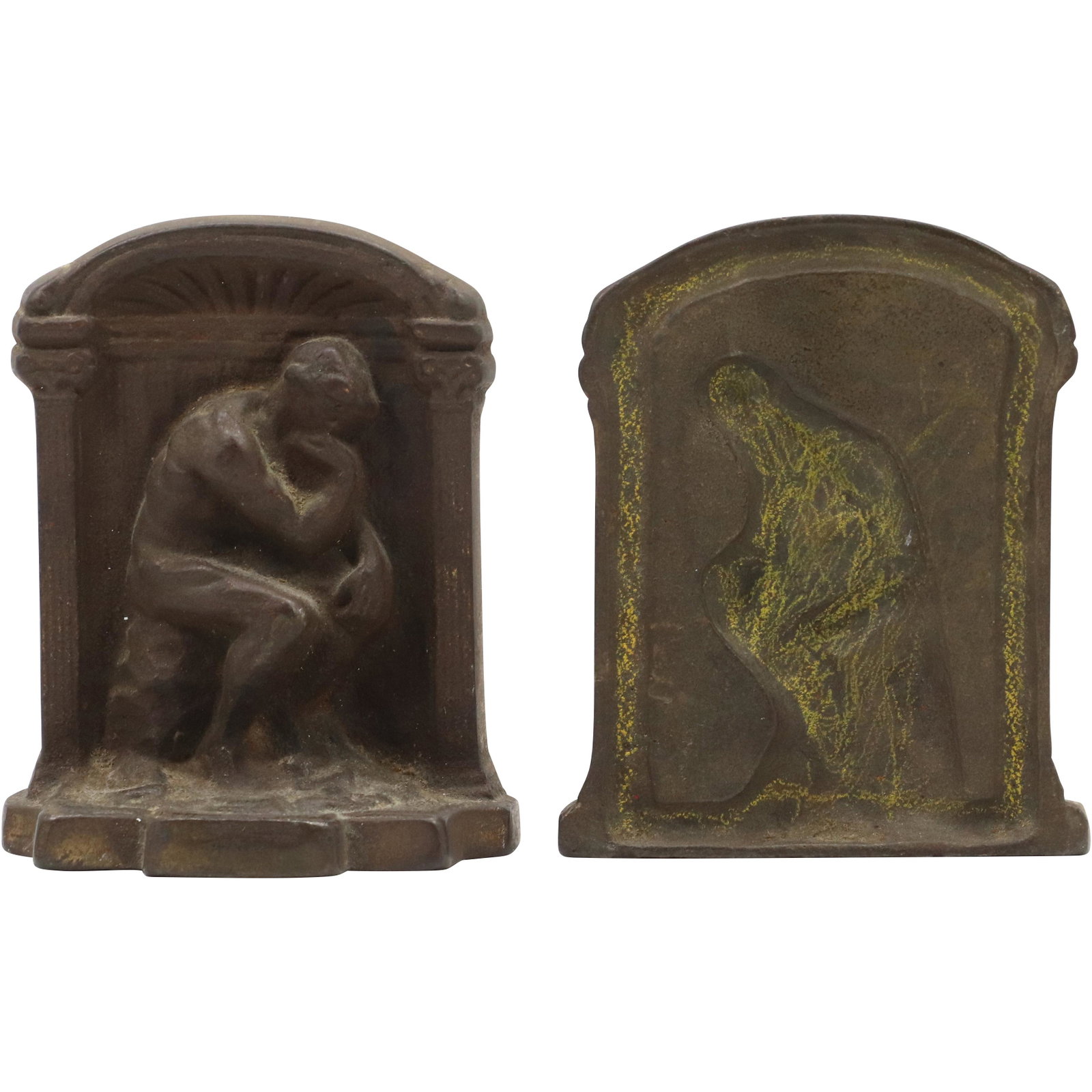 Circa 1920 Cast Iron Nude Male Bookends "The Thinker": Circa 1920 Cast Iron Nude Male Bookends "The Thinker". Original old patina finish. Size: 5.25h 4.25w