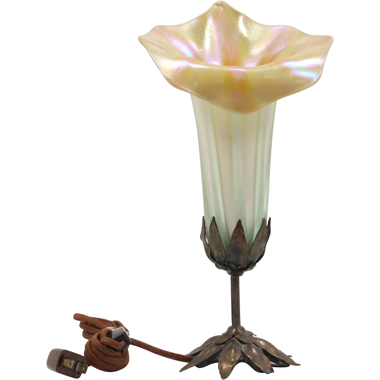 Signed Bronze Base & Art Glass Shade Flower Form Lamp (1 of 10)