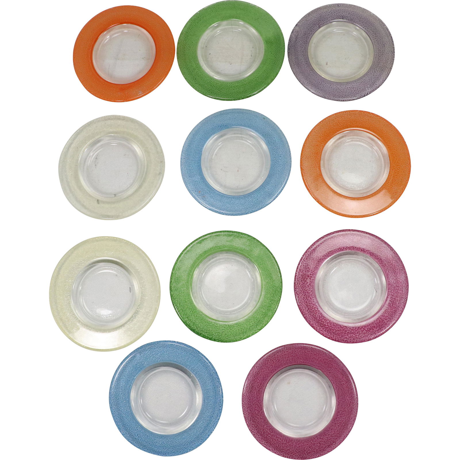 [11] Mid-Century Modern Colored Border Glass Coasters: [11] Mid-Century Modern Colored Border Glass Coasters. Different color banded rims. size: .5h 5.5w