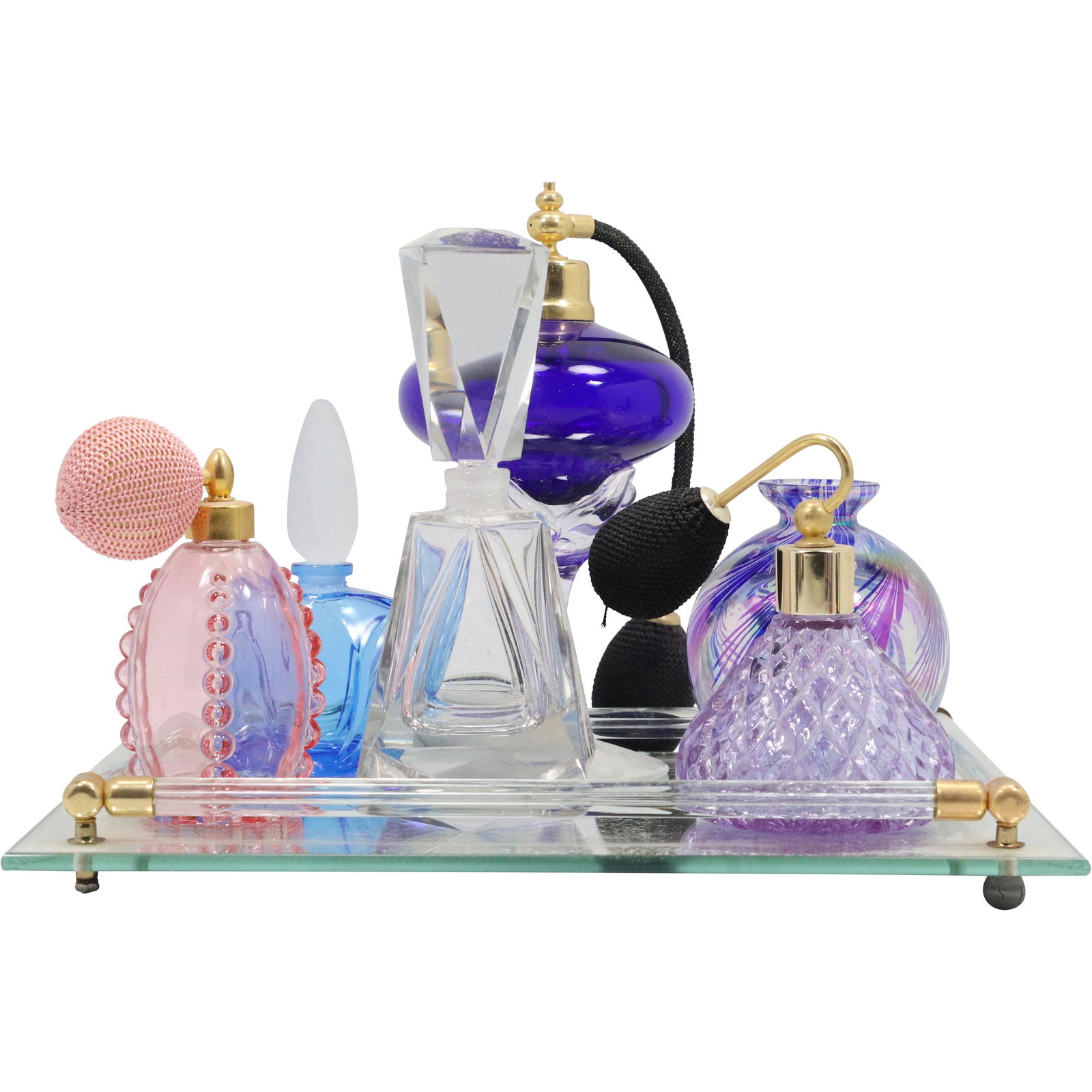 6 Assorted Color Glass Perfumes on a Mirror Tray (1 of 9)