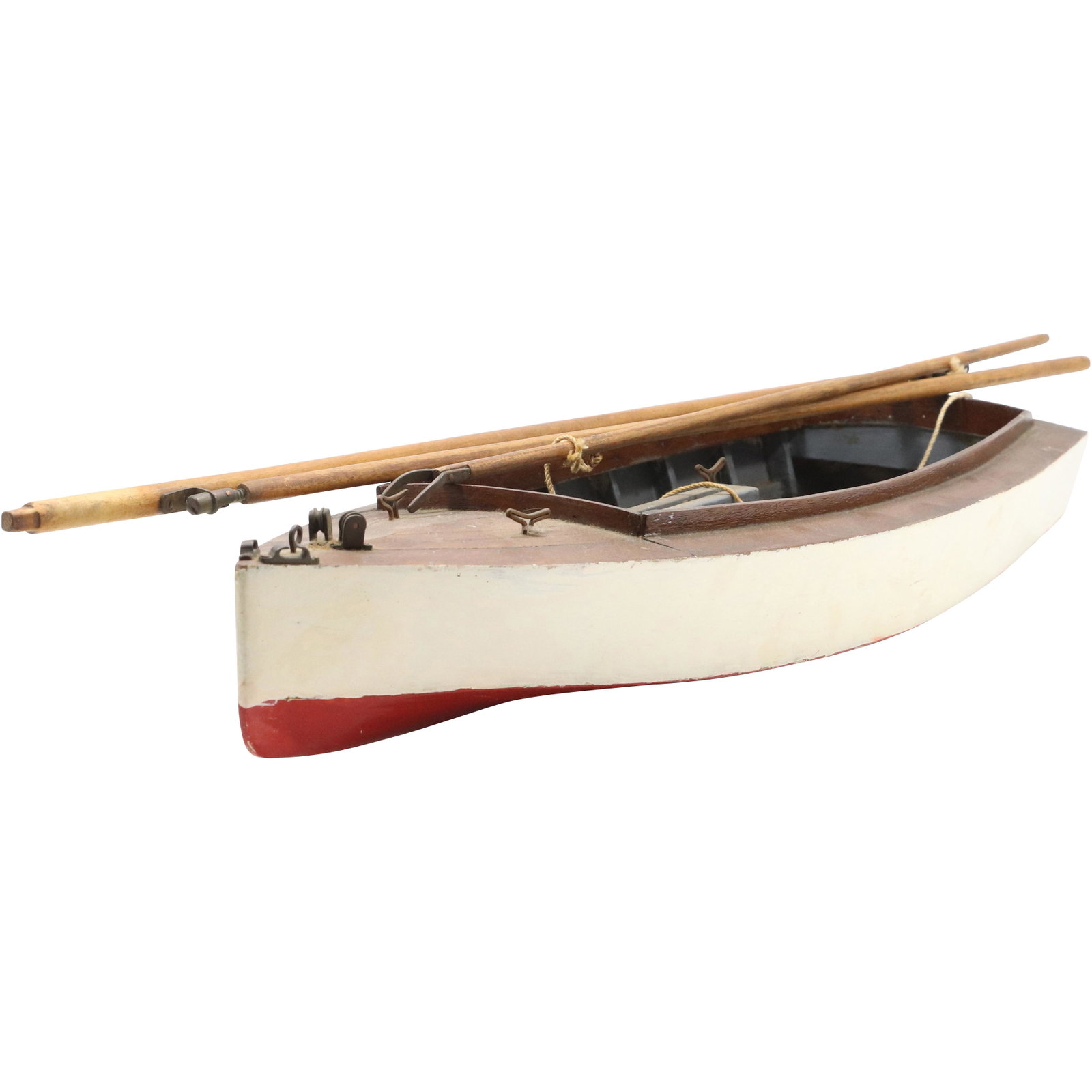Circa 1950s Vintage Wooden Pond Boat: Circa 1950s Vintage Wooden Pond Boat. size: (boat 3.5h 24w 9L), (sticks 26.5h .25w)