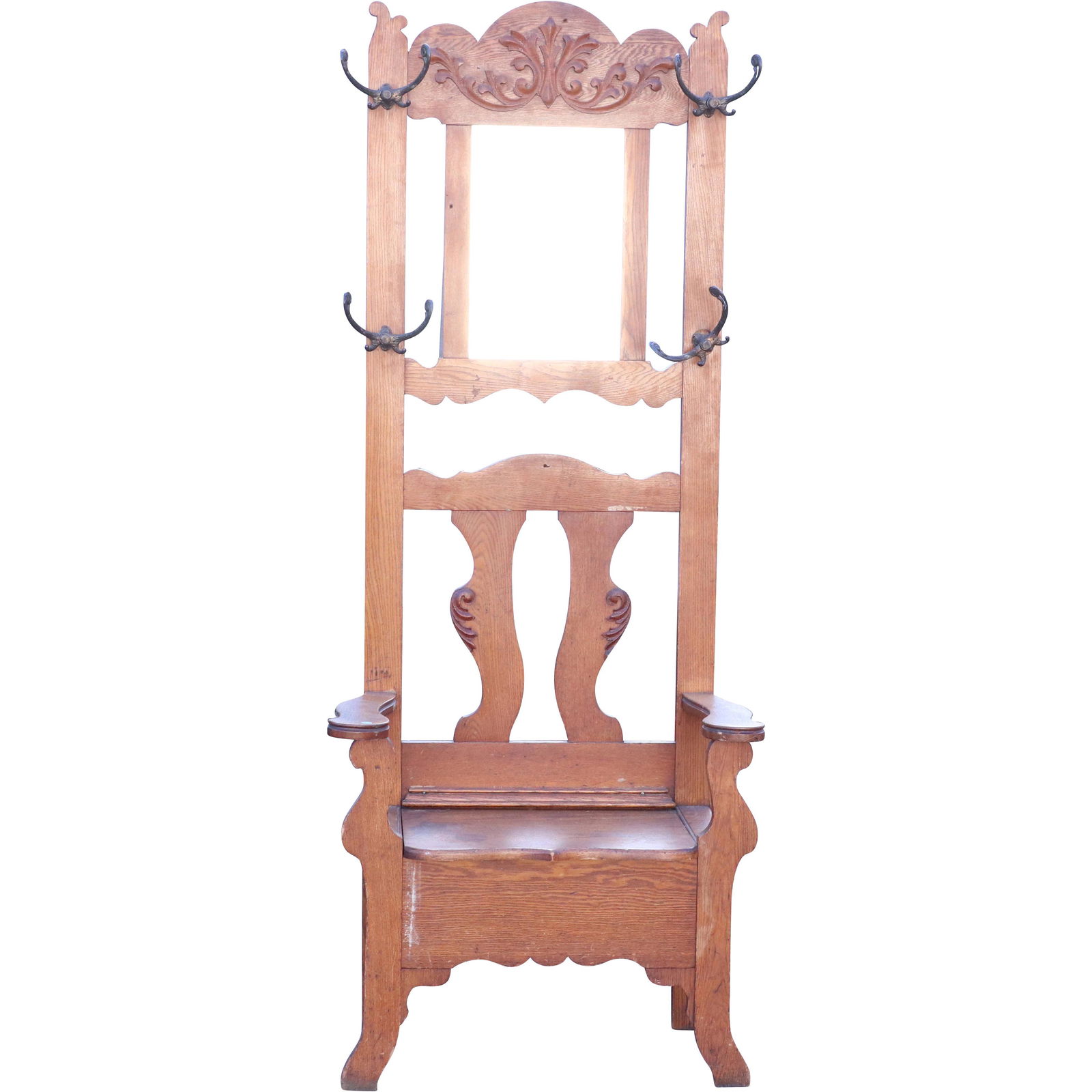 Antique Carved Oak Mirrored Hall Rack with Lift Seat (1 of 11)