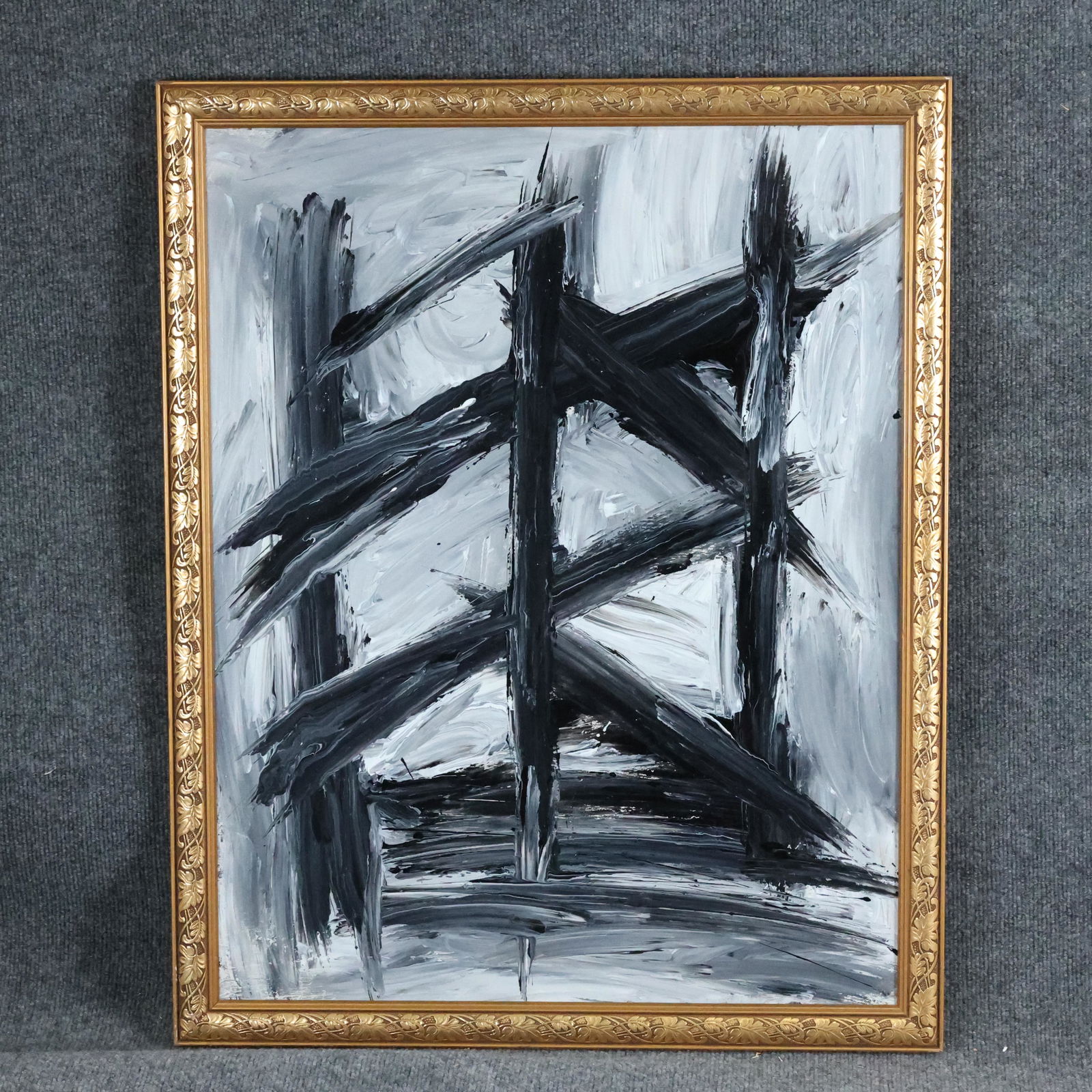Thomas Pulgini, American, Oil/b Abstract Black Lines: Thomas Pulgini, American, Oil/b Abstract Black Lines in style of Franz Kline. Oil on board painting. Signed on verso. Framed. Well Listed American Artist. size: 28 x 22, 30.5 x 24.5 outside of frame.