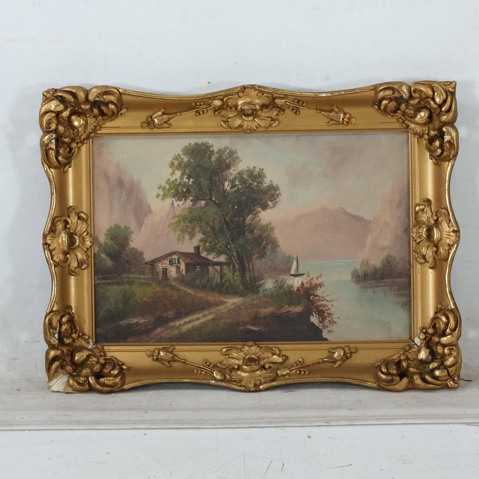 Vintage Hudson River School Oil Painting Boat on River: Vintage Hudson River School Oil Painting Boat on River, with farmhouse. Framed. size: 12 x 18.5, 17 x 22.5 outside of frame
